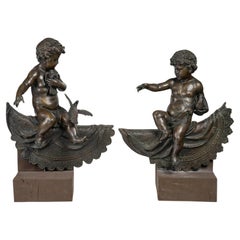 Antique Pair of Bronze Sculptures, Mounted on a Wooden Base,  Napoleon III Period. 