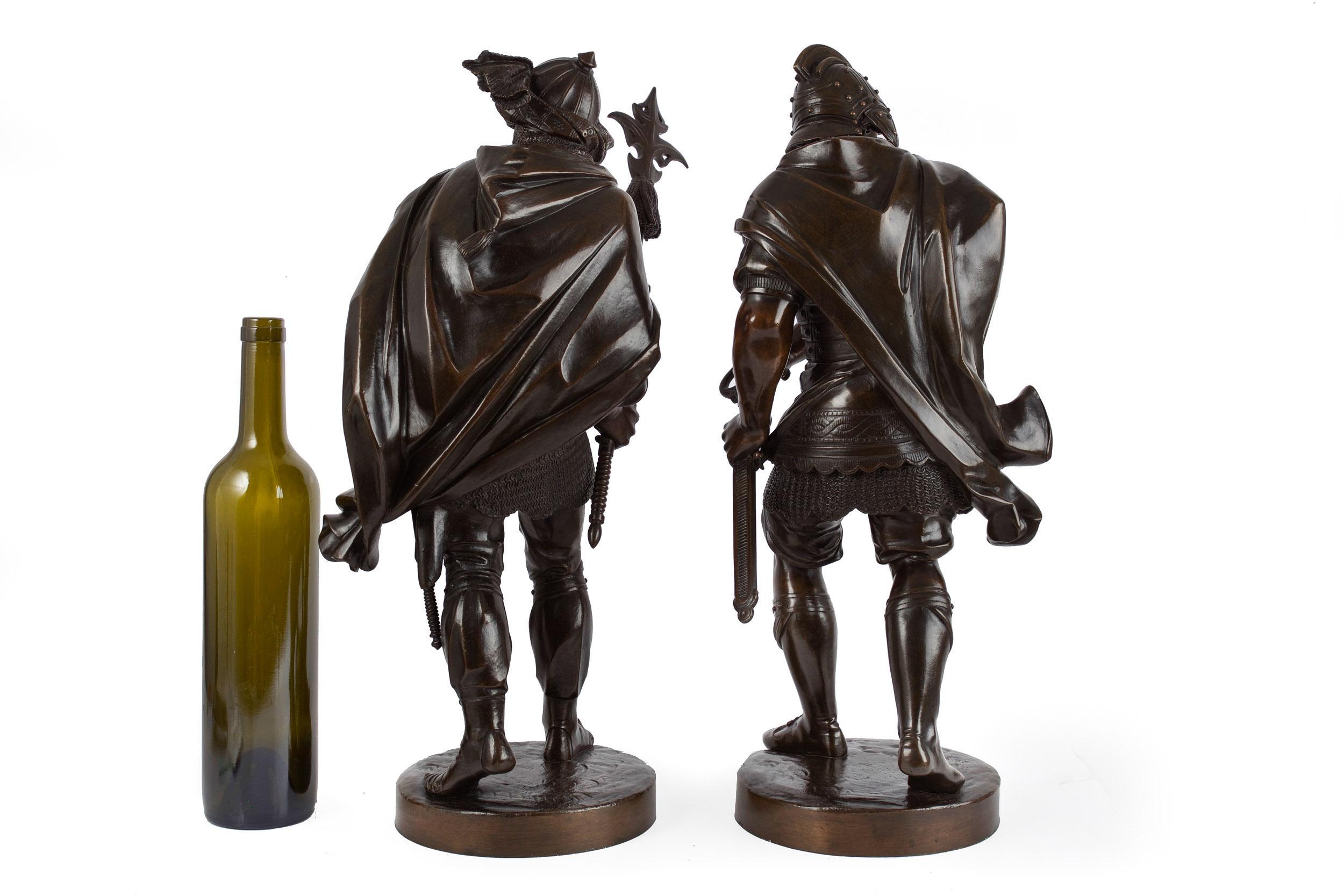 Romantic Pair of Bronze Sculptures of 16th Century Soldiers after Albert Carrier-Belleuse