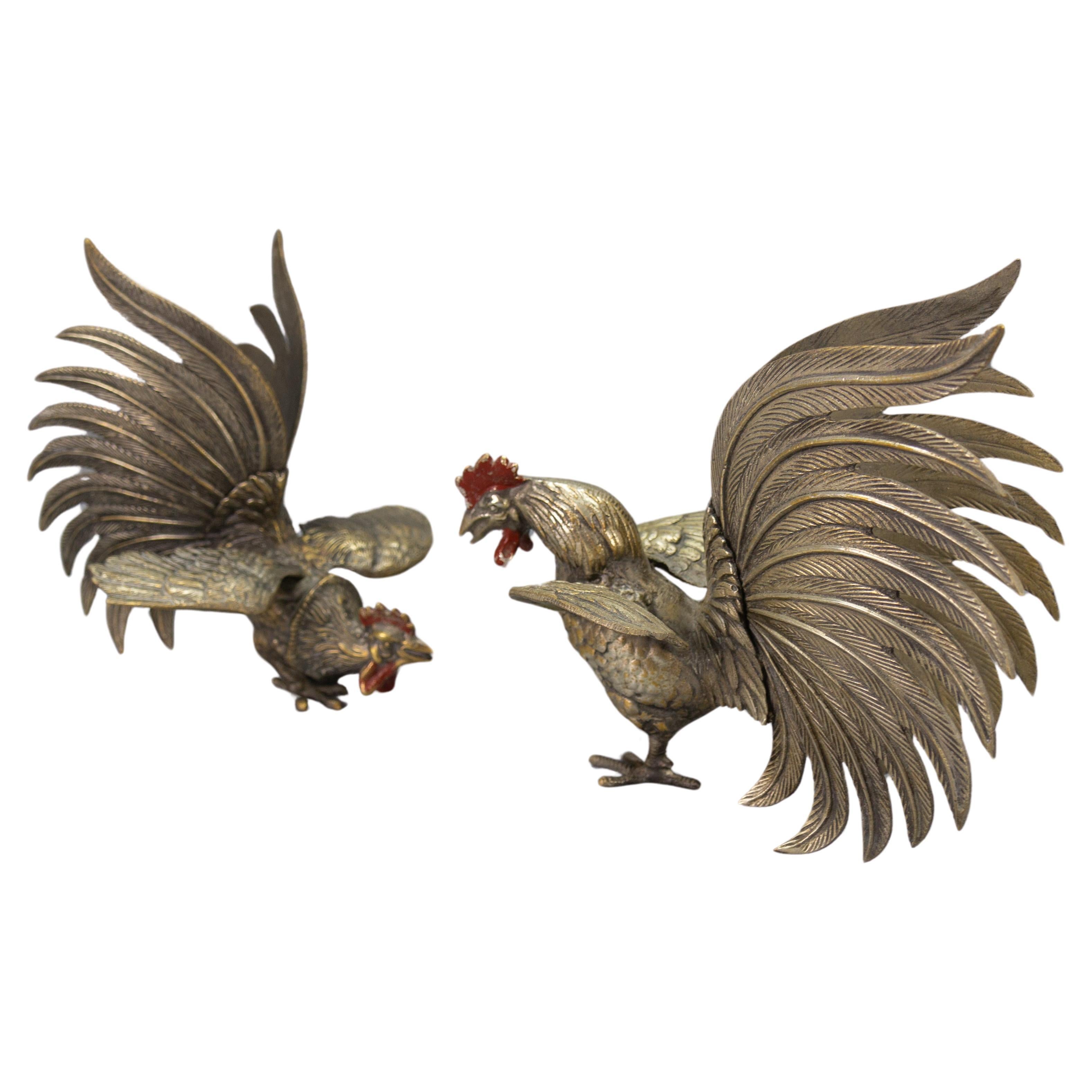 Pair of Bronze Sculptures of Fighting Roosters, Japan, 1950s For Sale