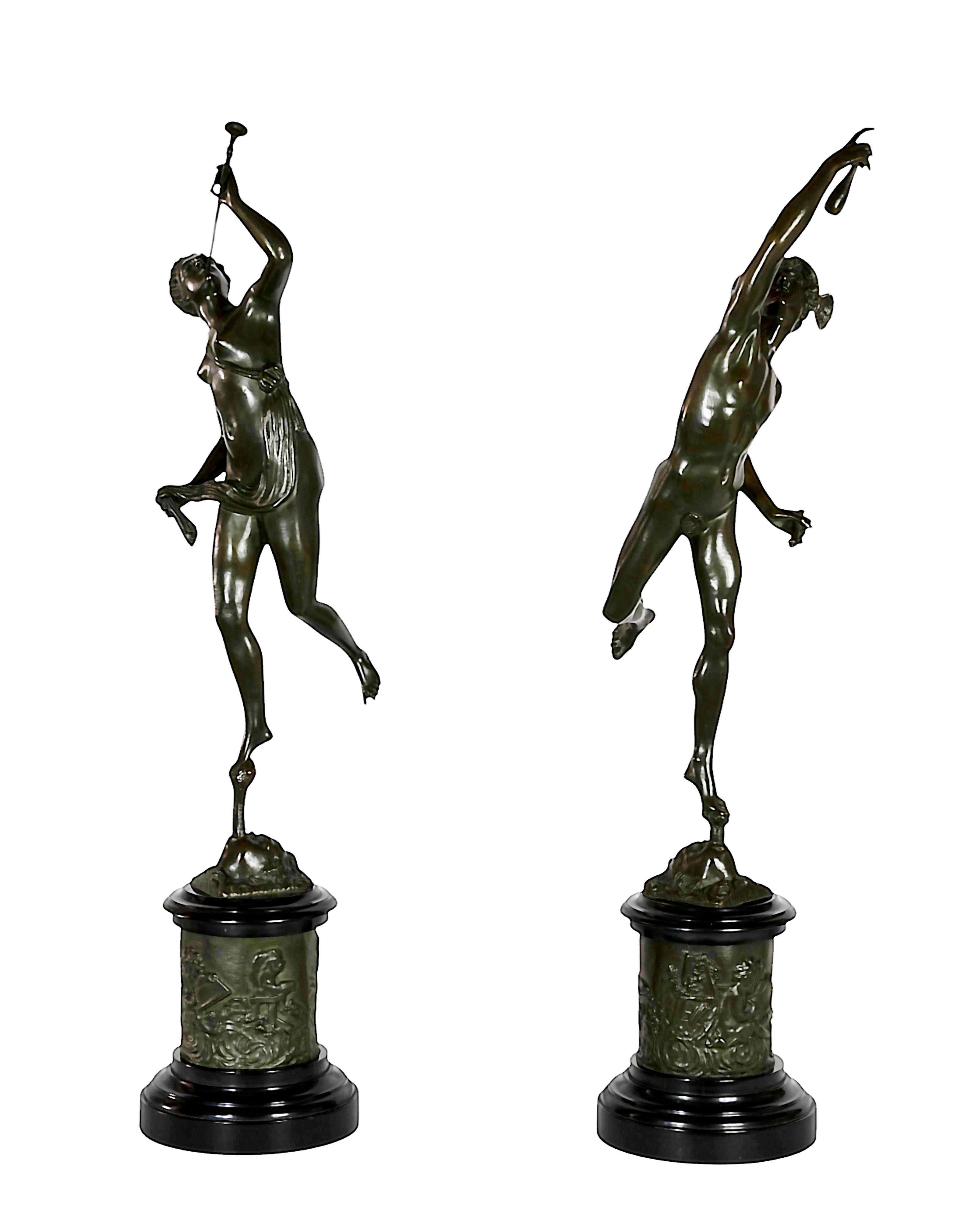 Pair of  Mercury and Fortuna sculptures created in patinated bronze and black marble base AFTER Jean de Bologne / Giambologna (1529-1608). 
Each sculpture is engraved Jean de Bologne.
Height of each sculpture is 80 cm. Weight 9,7 kg each.
Good
