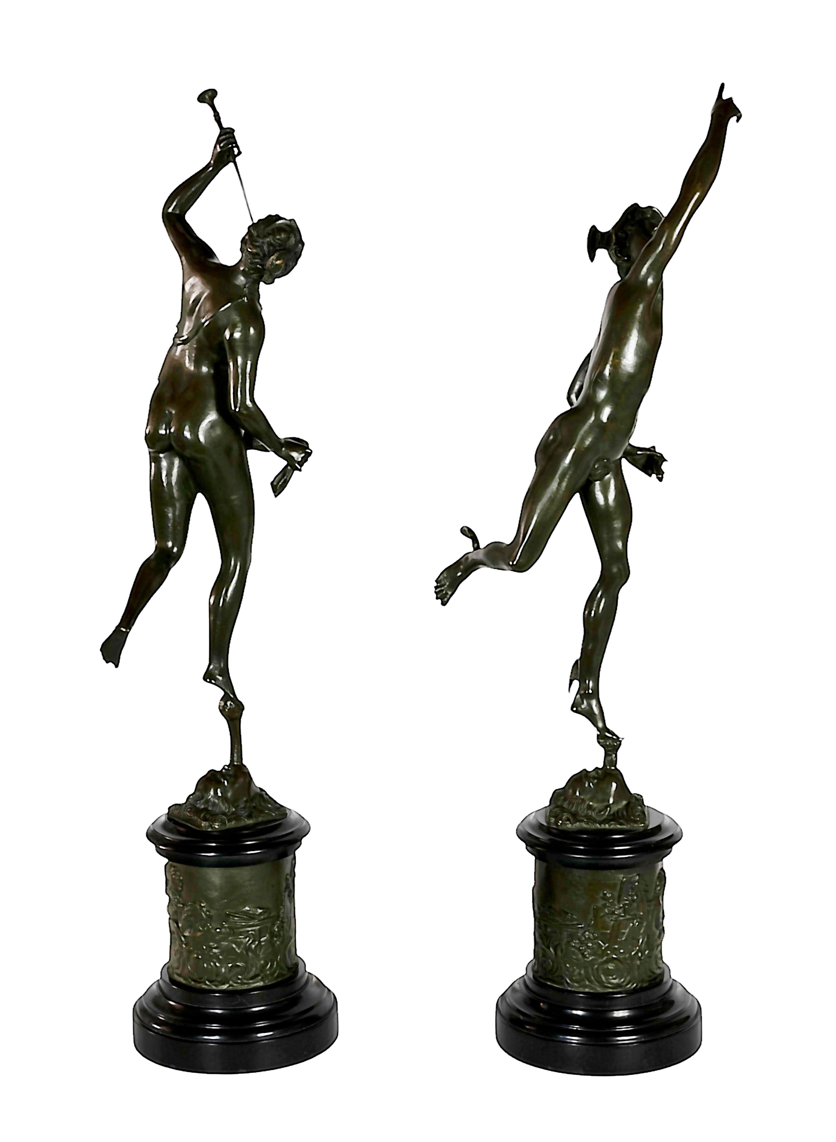 Patinated Pair of Bronze Sculptures of Mercury and Fortuna After Jean de Boulogne For Sale