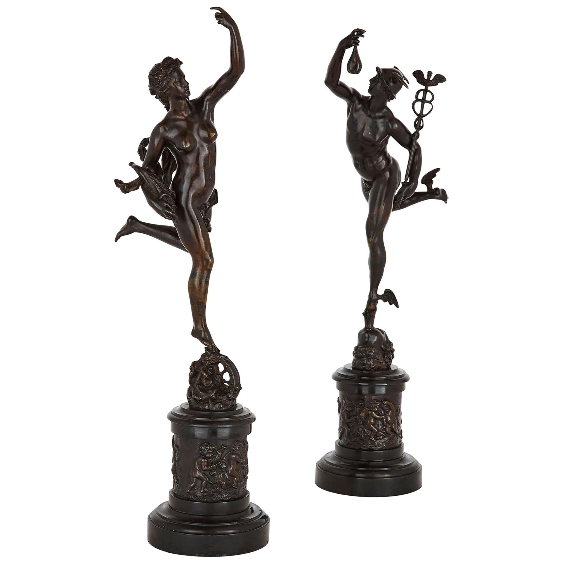 Pair of Bronze Sculptures of Mercury and Fortuna For Sale