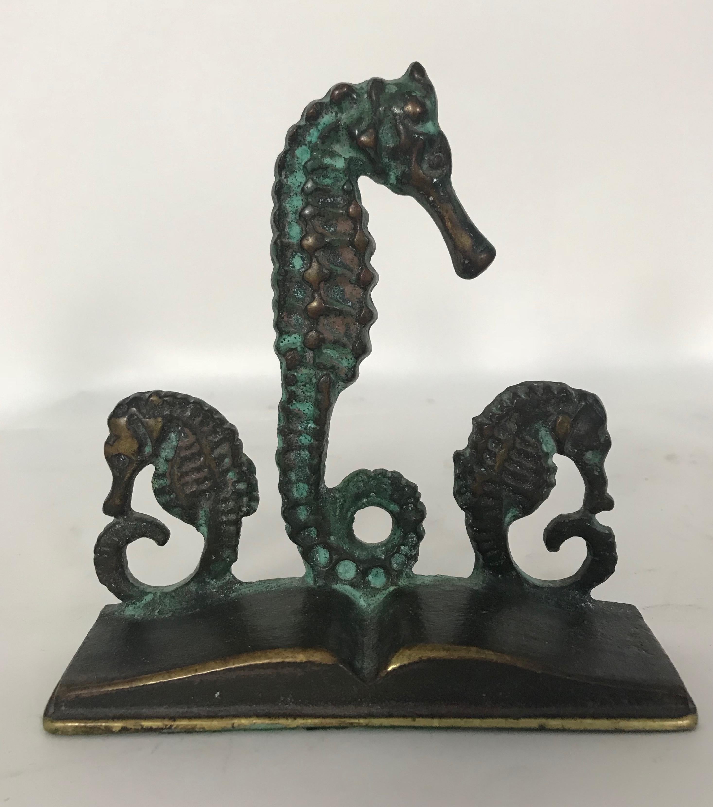 American Pair of Bronze Seahorse Bookends by Virginia Metalcrafters