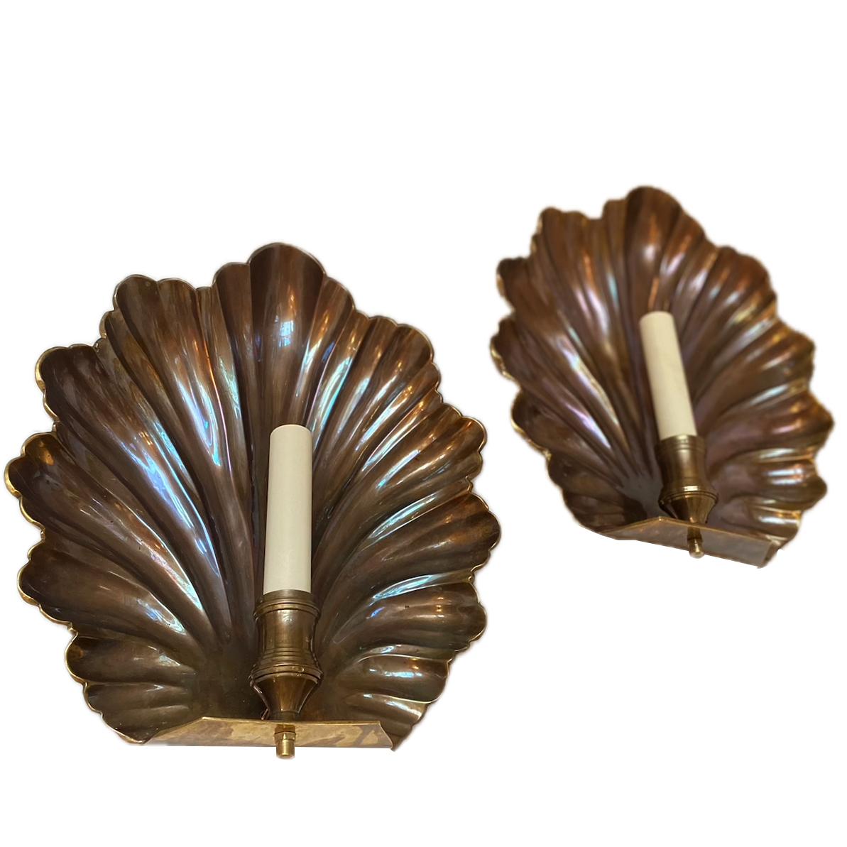 Patinated Pair of Bronze Shell Sconces