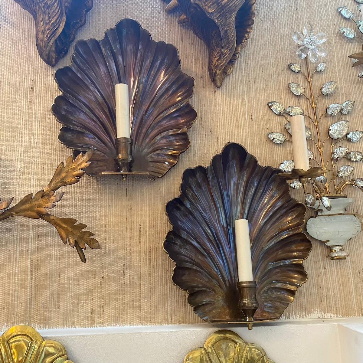 Mid-20th Century Pair of Bronze Shell Sconces