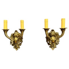 Pair Of Bronze Shield Back Two Arm Wall Sconces