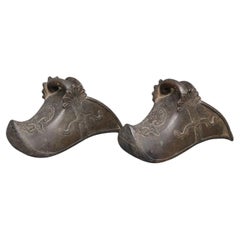 Antique Pair of Bronze “Shoe-Shape" Conquistador Horse Stirrups with Low Relief Design