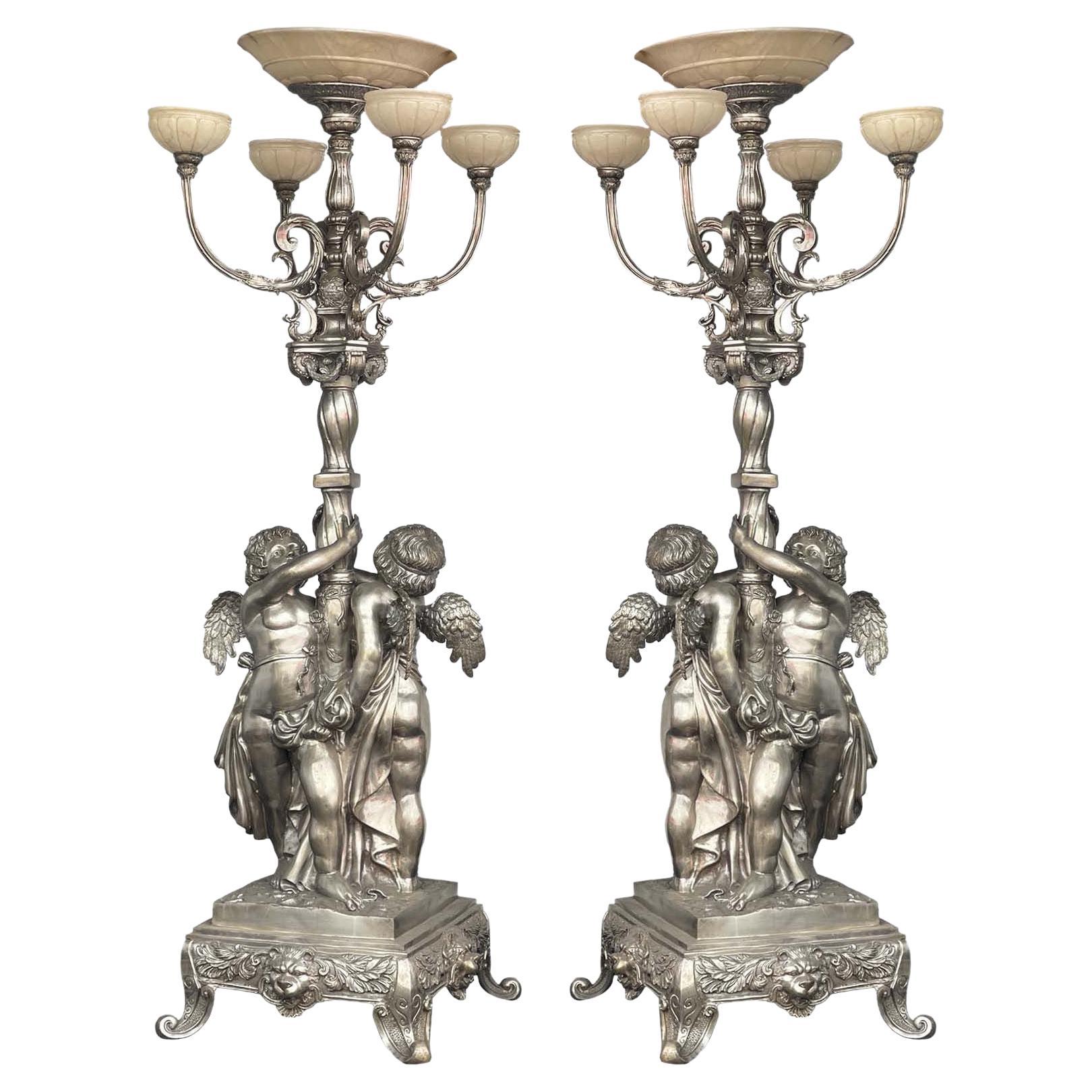Pair of Oversized Bronze Silver-Plated Palatial Torchères (Italy, c. 1900's) For Sale