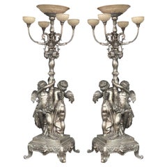 Antique Pair of Oversized Bronze Silver-Plated Palatial Torchères (Italy, c. 1900's)
