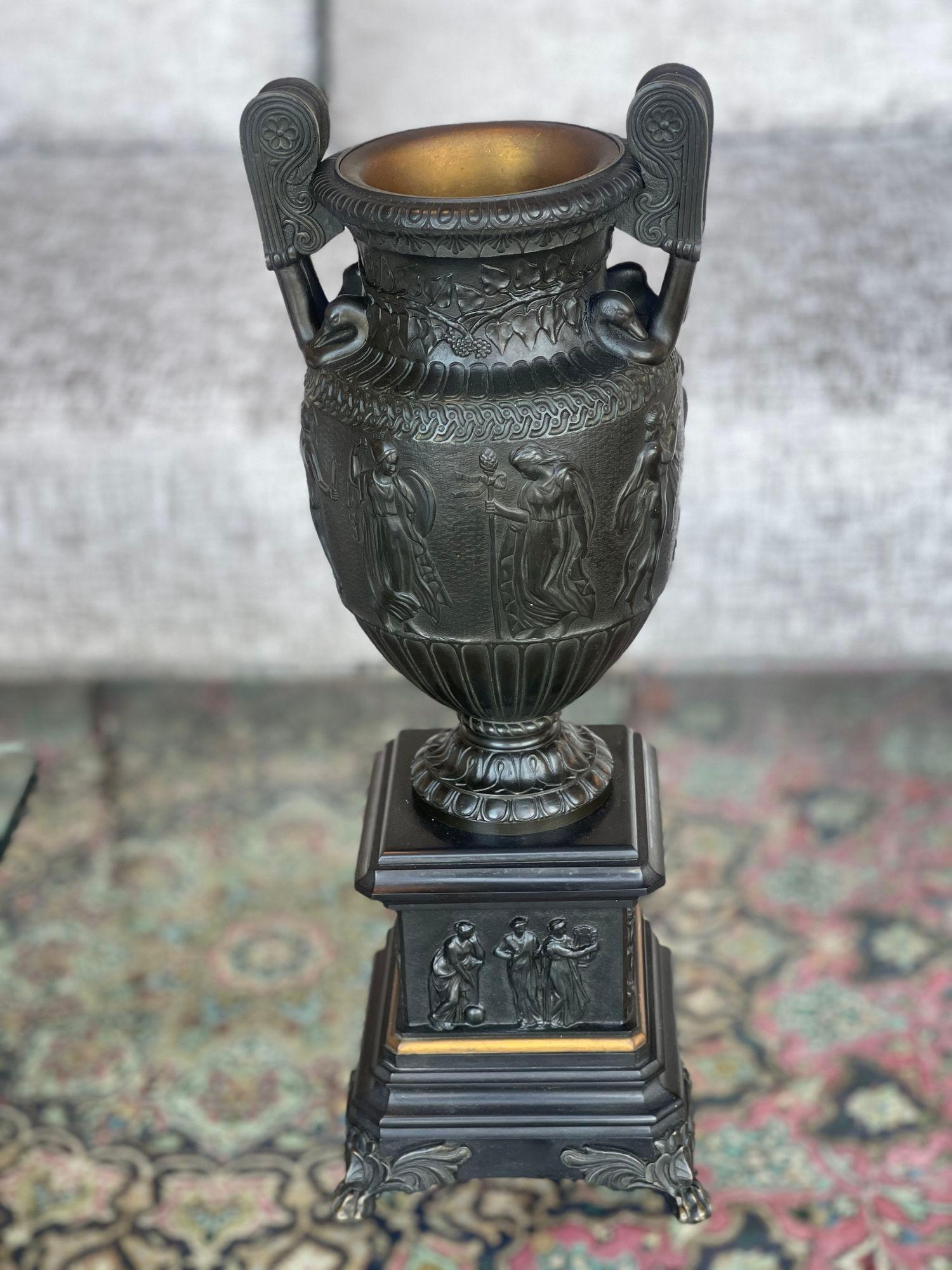 Pair of Bronze & Slate Neoclassical Style Urns In Good Condition For Sale In Los Angeles, CA