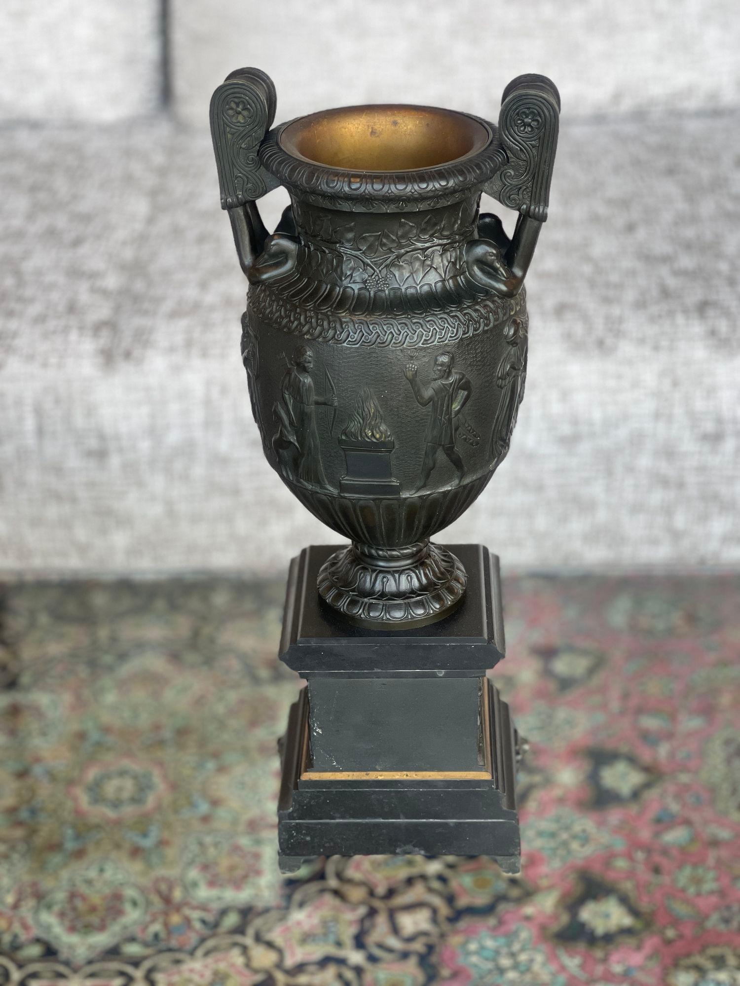 19th Century Pair of Bronze & Slate Neoclassical Style Urns For Sale