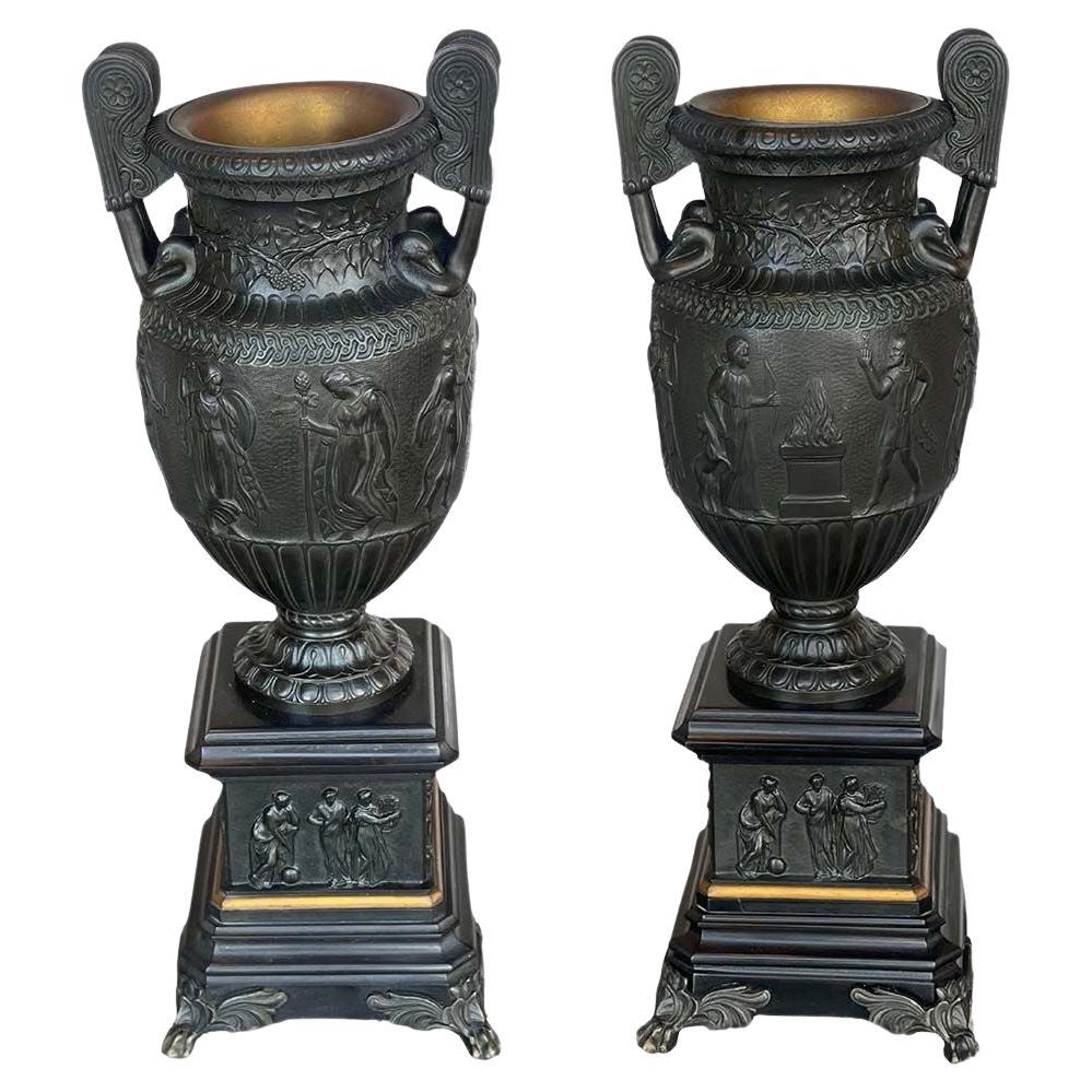 Pair of Bronze & Slate Neoclassical Style Urns For Sale