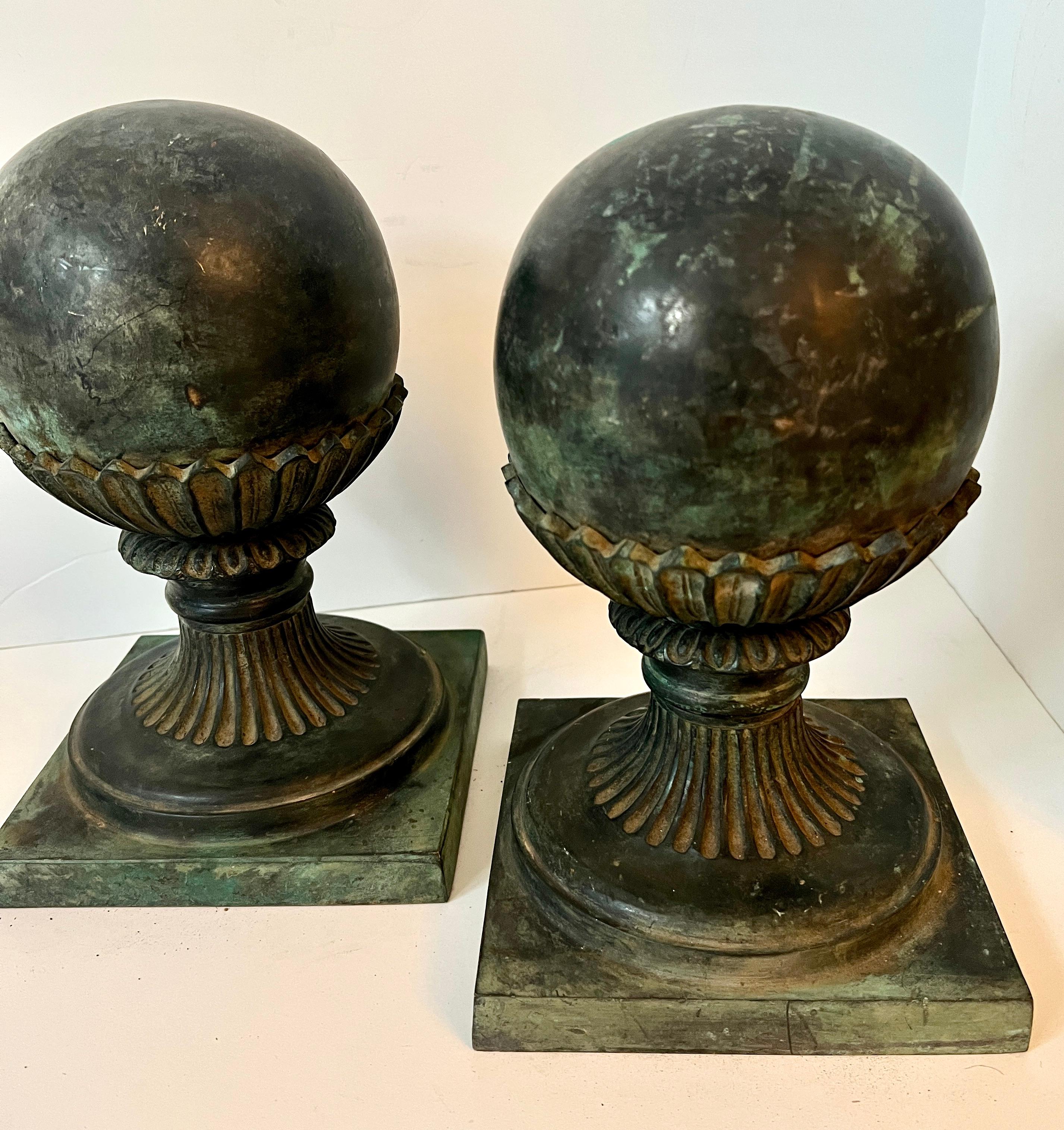 Patinated Pair of Bronze Sphere Finial Bookends For Sale