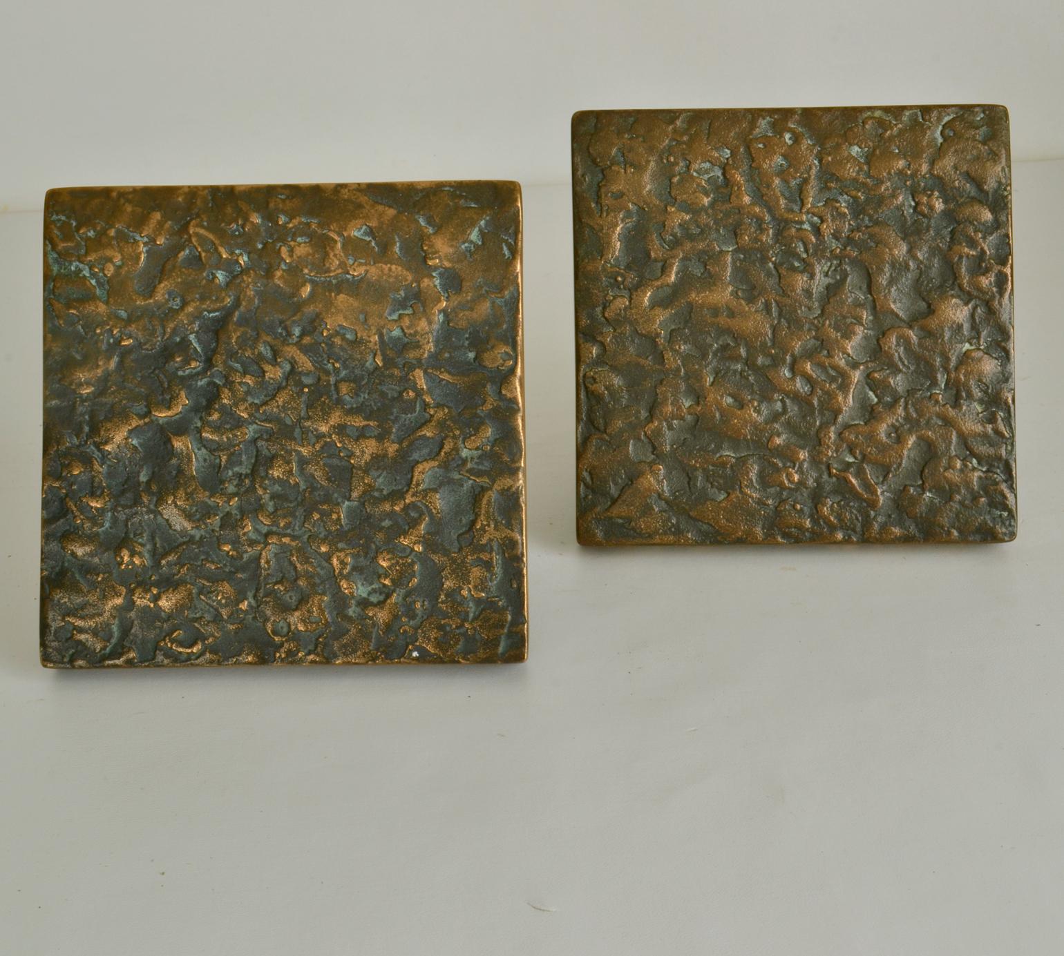 Brutalist Architectural Pair of Bronze Square Push Pull Door Handles with Relief 