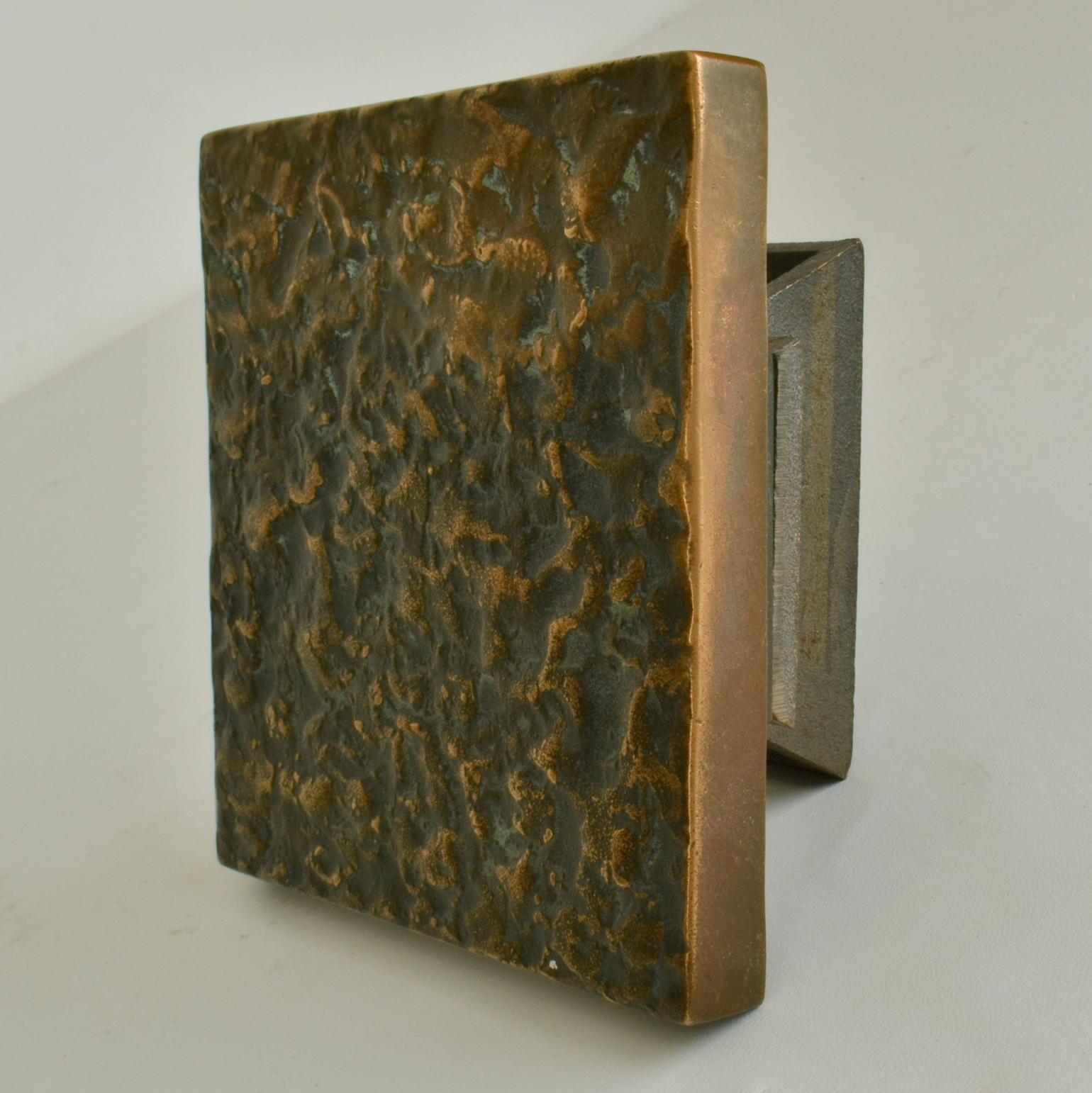 Cast Architectural Pair of Bronze Square Push Pull Door Handles with Relief 