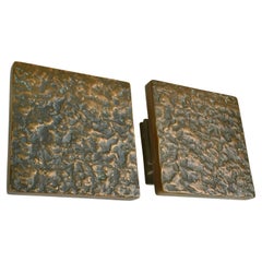 Architectural Pair of Bronze Square Push Pull Door Handles with Relief 