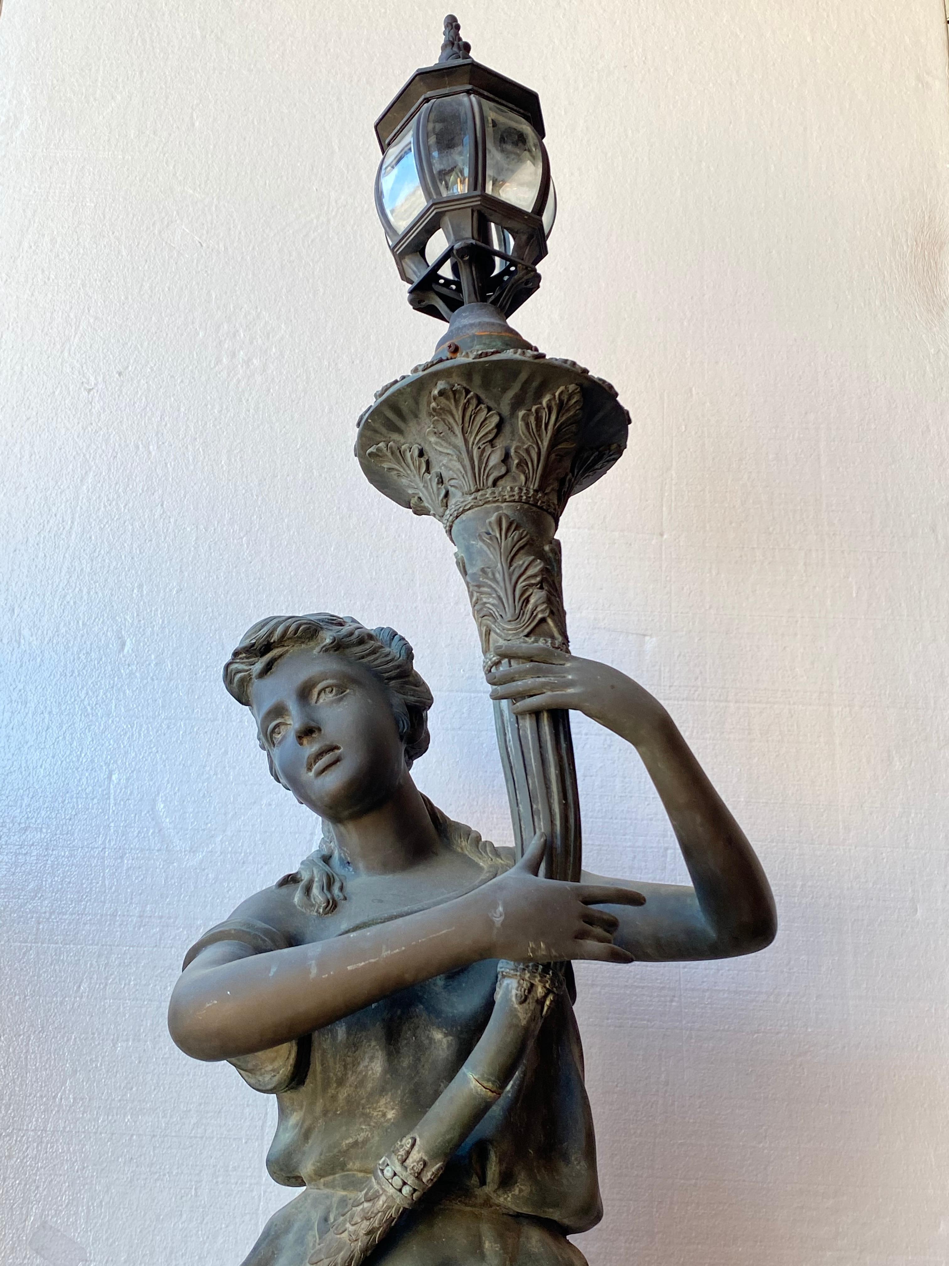 Pair of Bronze Statue Lady with Torch In Good Condition In Dallas, TX