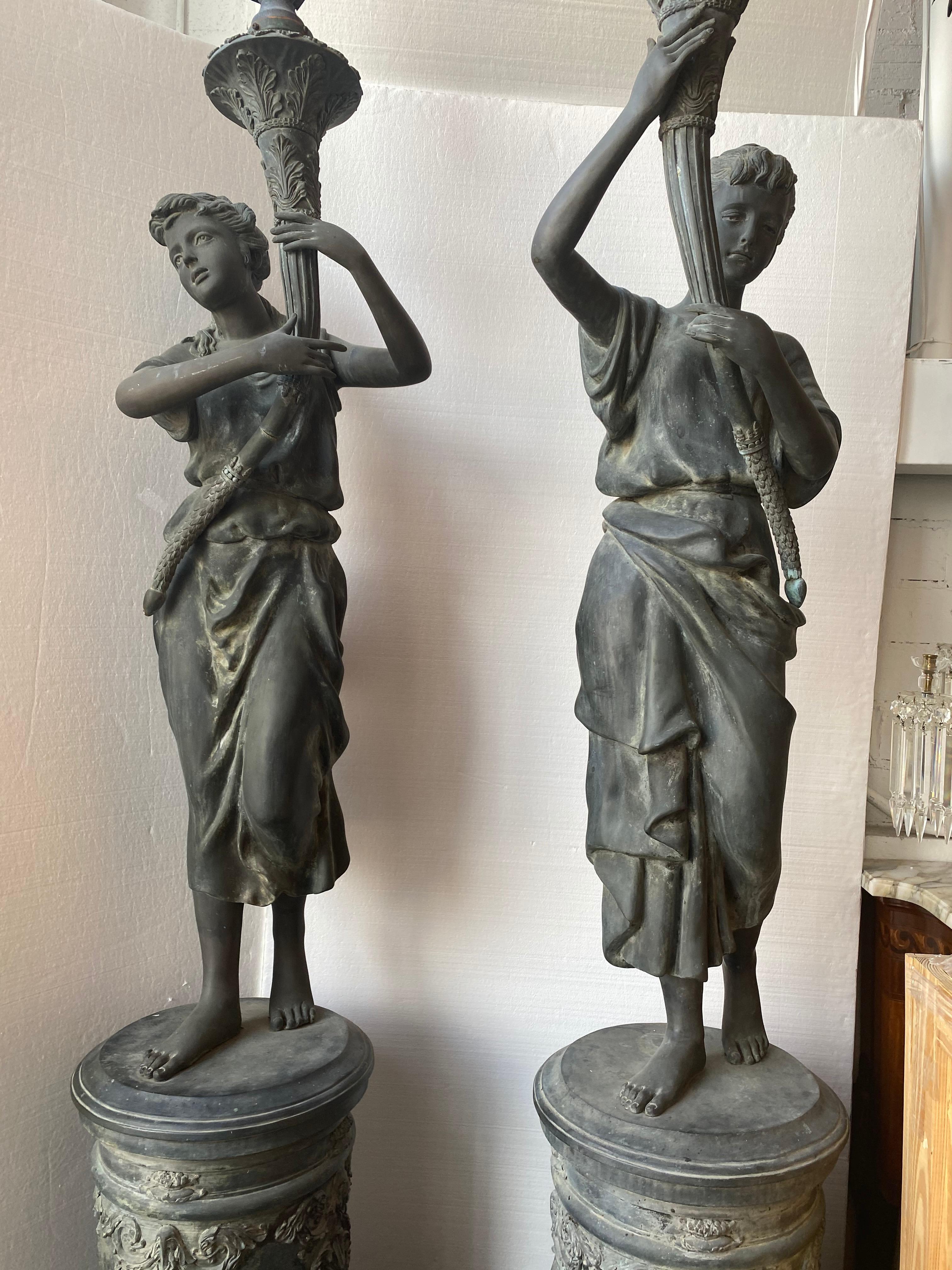 Pair of Bronze Statue Lady with Torch 3