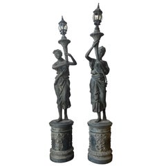 Pair of Bronze Statue Lady with Torch