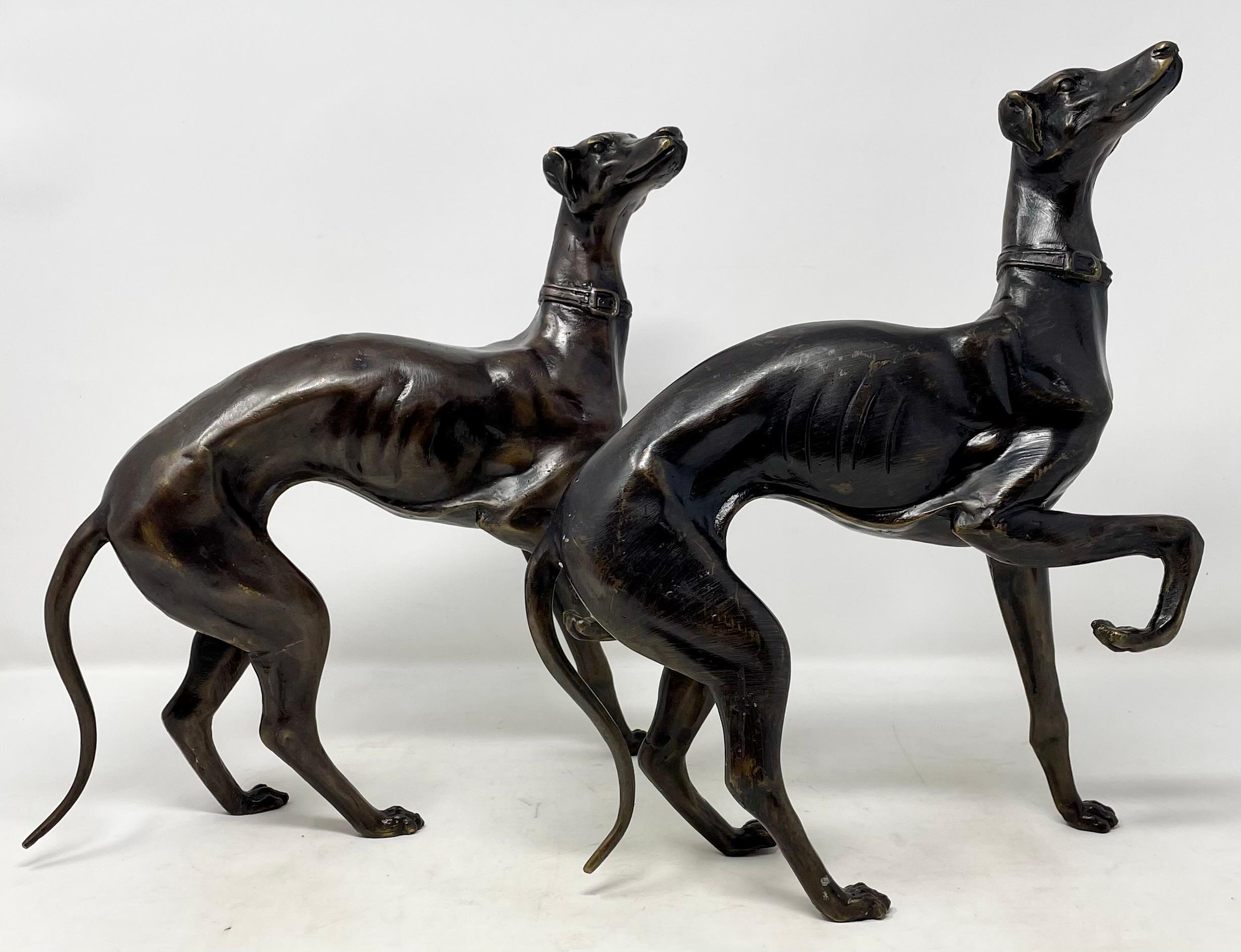 Coppia di graziose statue in bronzo di cani Whippet.