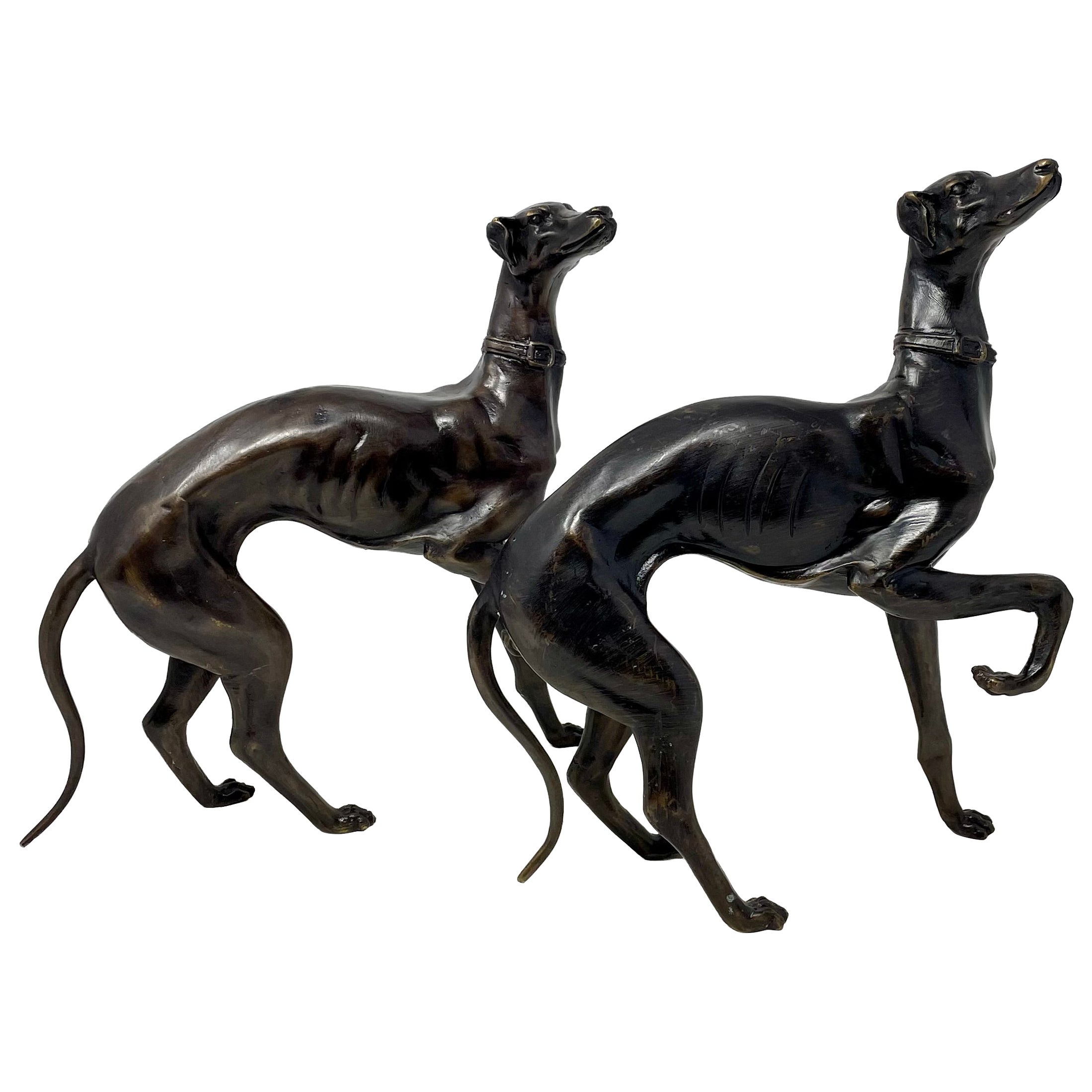 Coppia di statue in bronzo di cani Whippet.