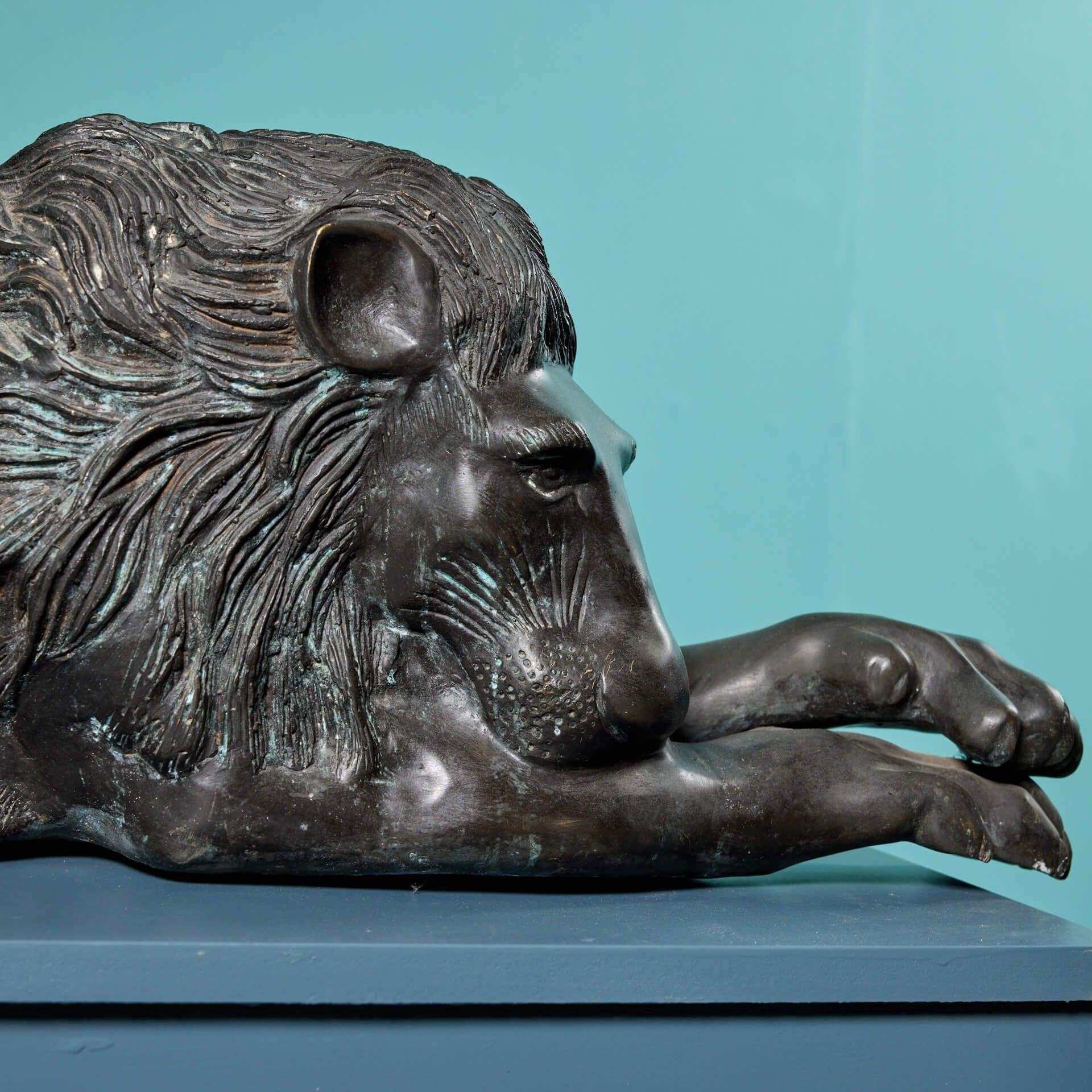 Hand-Crafted Pair of Bronze Statutory Lions in the Manner of Antonio Canova For Sale