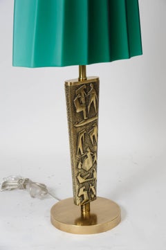 Pair of Bronze Table Lamps with Green Opaline Glass Shade