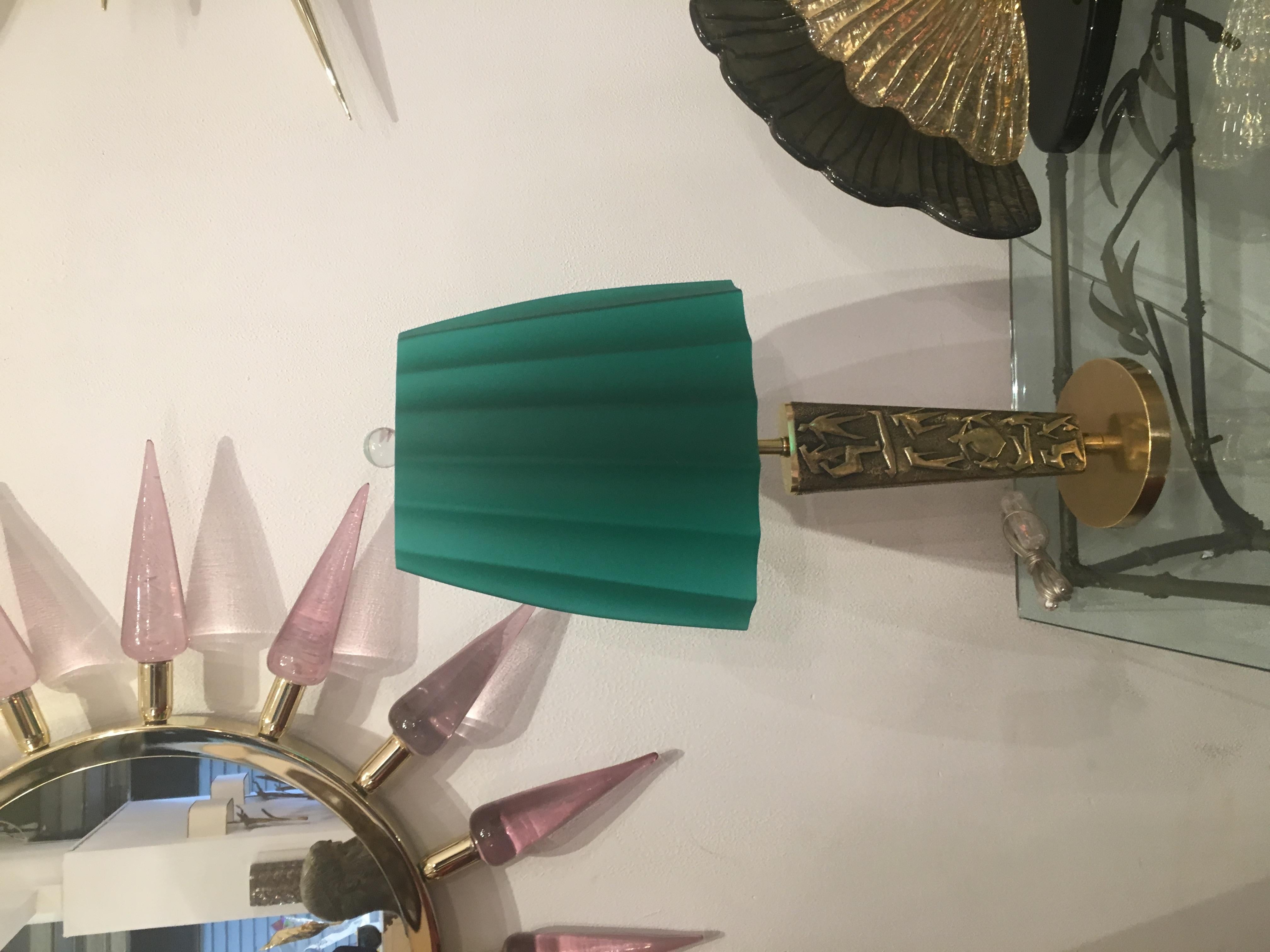 Italian Pair of Bronze Table Lamps with Green Opaline Glass Shade For Sale