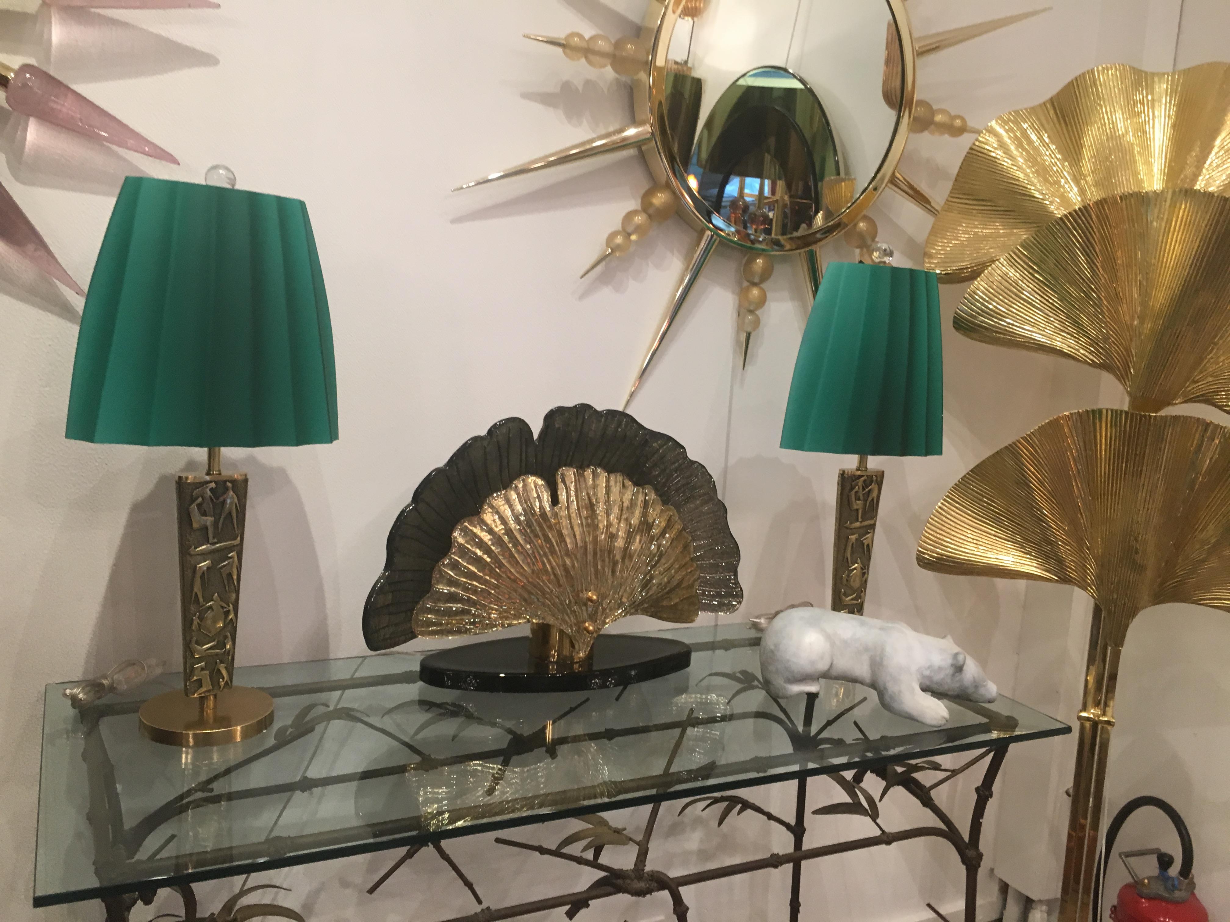 Pair of Bronze Table Lamps with Green Opaline Glass Shade In Excellent Condition For Sale In Bois-Colombes, FR