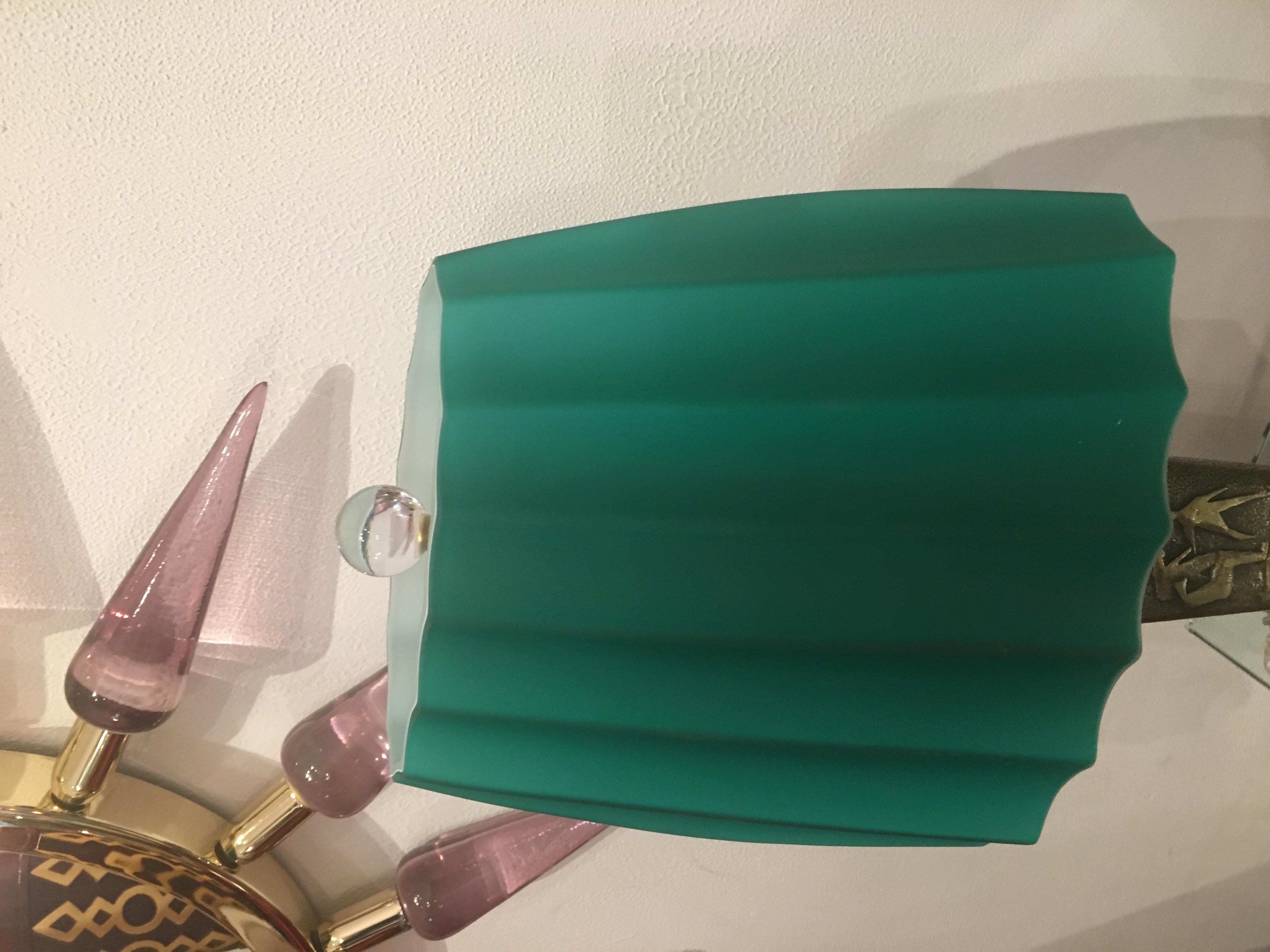 Pair of Bronze Table Lamps with Green Opaline Glass Shade For Sale 1
