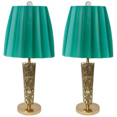 Vintage Pair of Bronze Table Lamps with Green Opaline Glass Shade