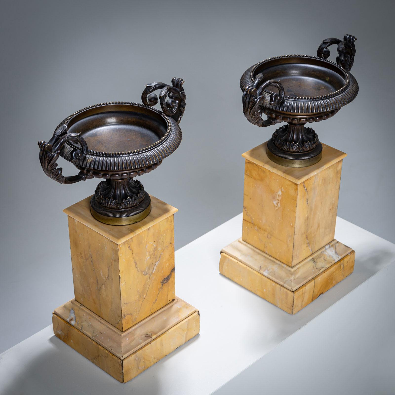 German Pair of Bronze Tazzas on Siena Marble Pedestals For Sale