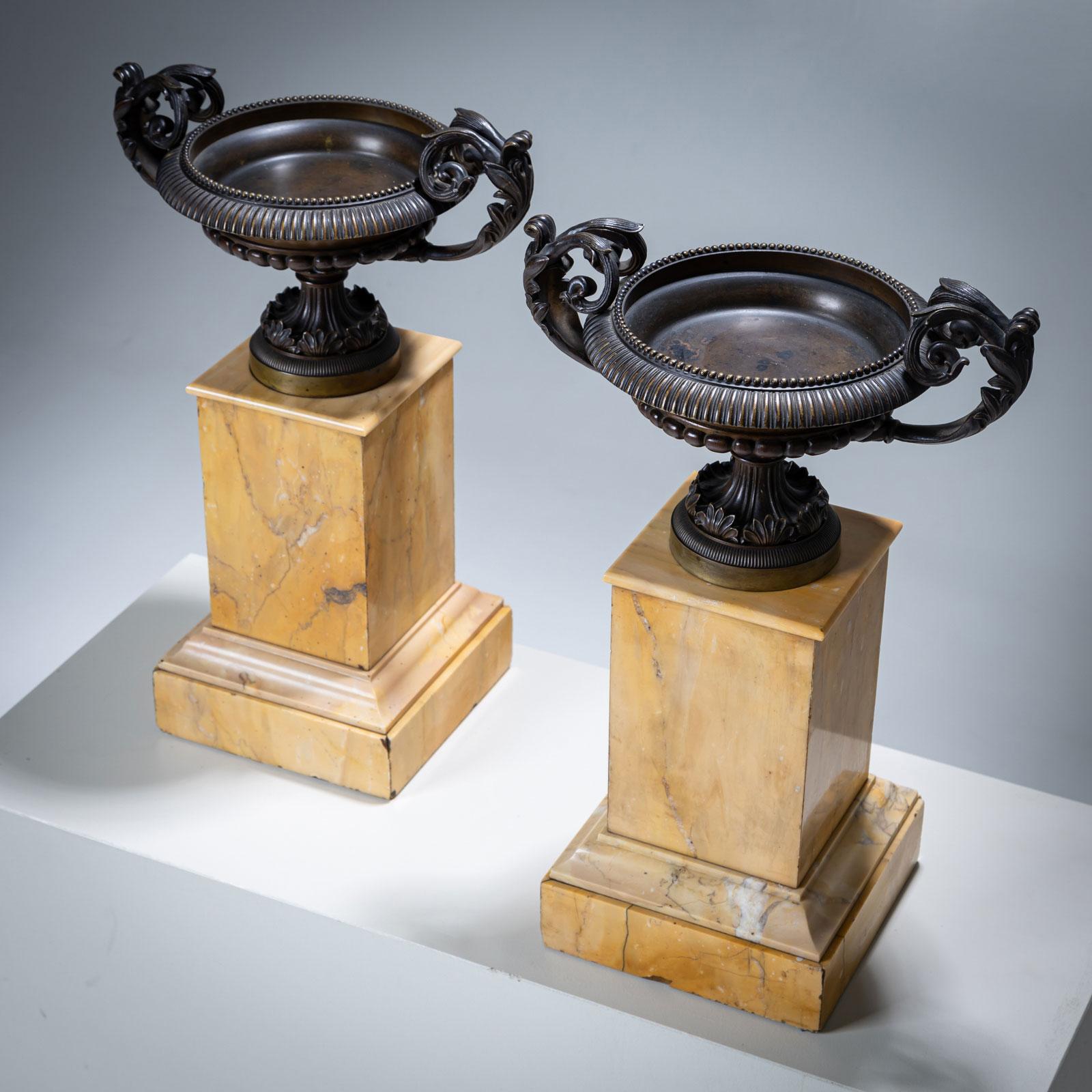 Pair of Bronze Tazzas on Siena Marble Pedestals For Sale 1
