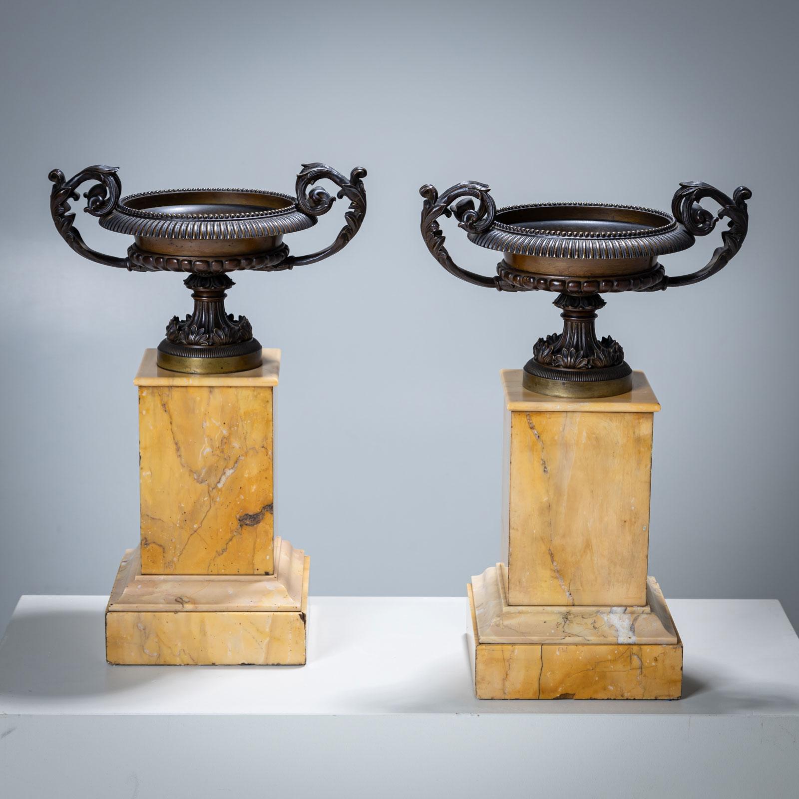 Pair of Bronze Tazzas on Siena Marble Pedestals For Sale 2