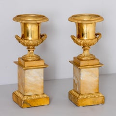 Pair of Bronze Tazzas on Sienese Marble Pedestals, 19th Century