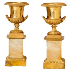 Pair of Bronze Tazzas on Sienese Marble Pedestals, 19th Century