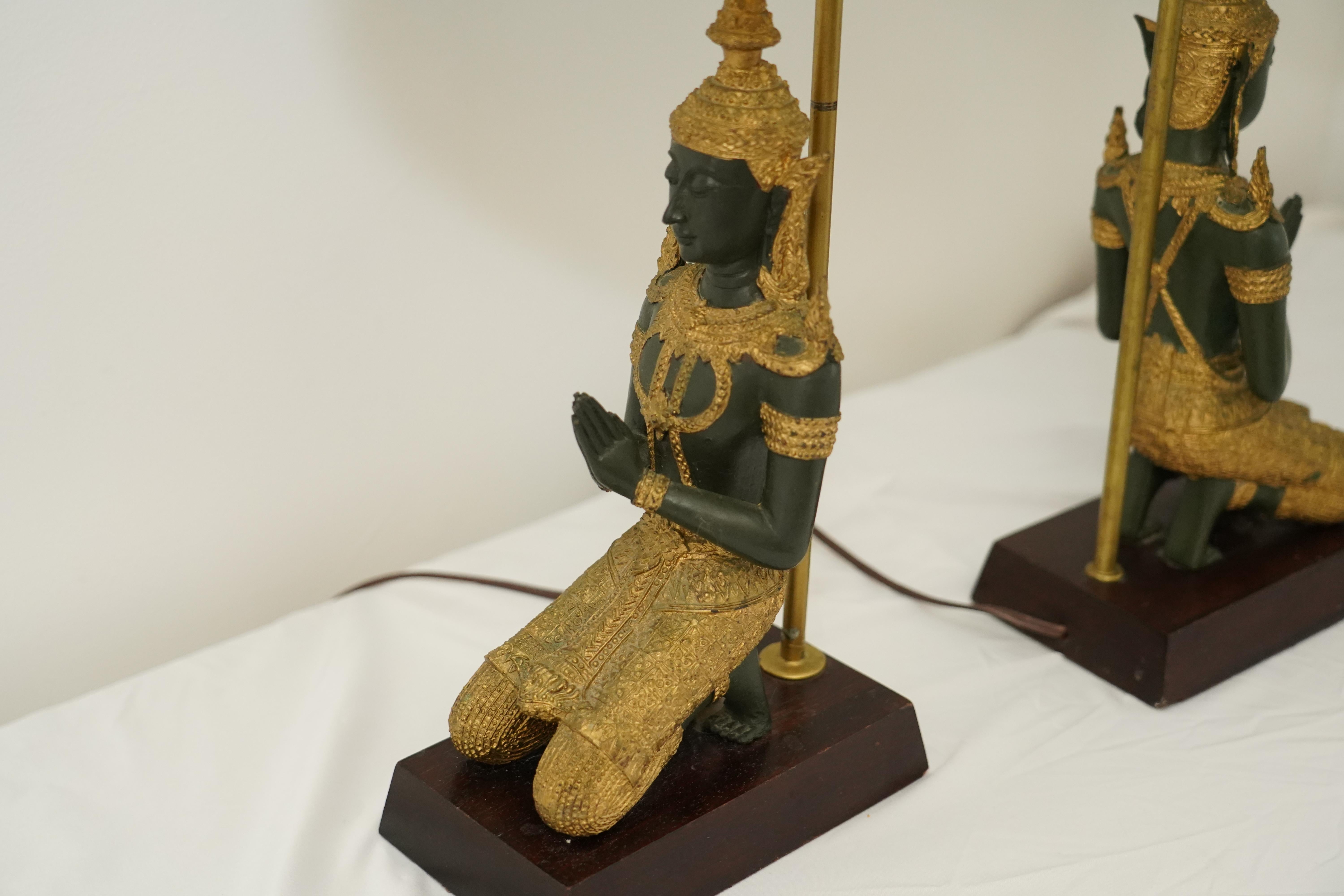 Pair of bronze Thai Teppanom kneeling Buddha table lamps. Hollywood Regency For Sale 5