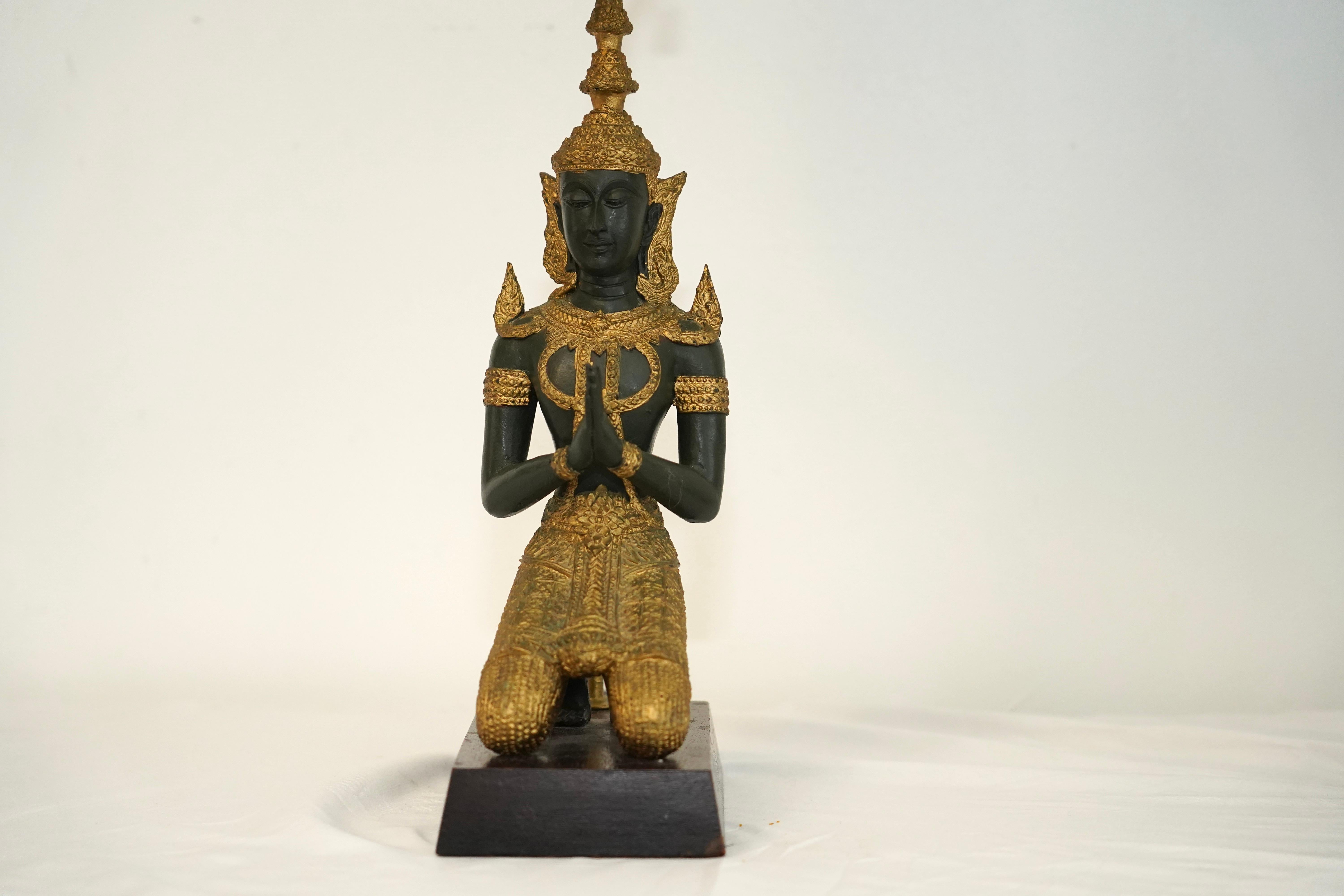 Pair of bronze Thai Teppanom kneeling Buddha table lamps. Hollywood Regency For Sale 6