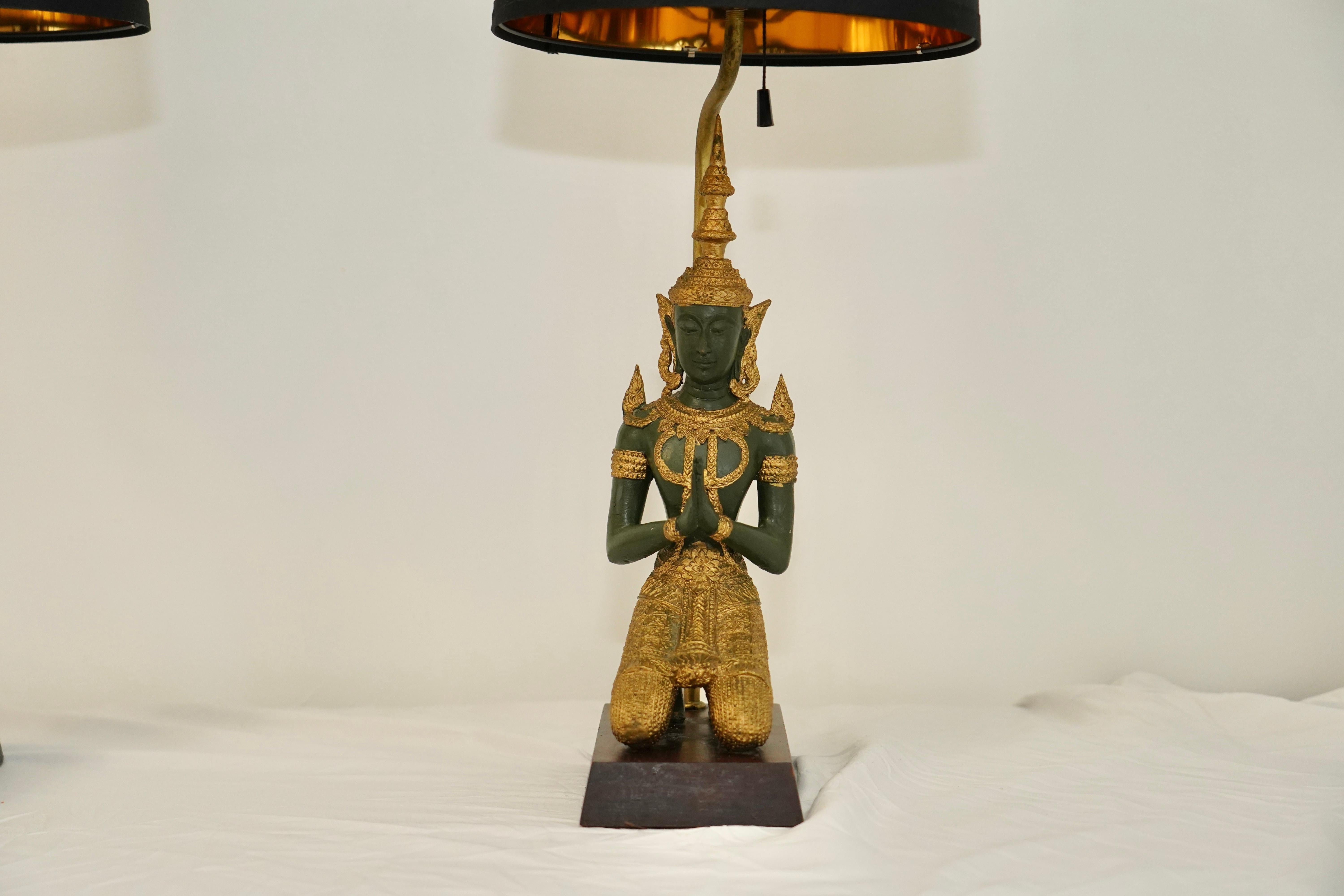 Pair of bronze Thai Teppanom kneeling Buddha table lamps. Hollywood Regency For Sale 7