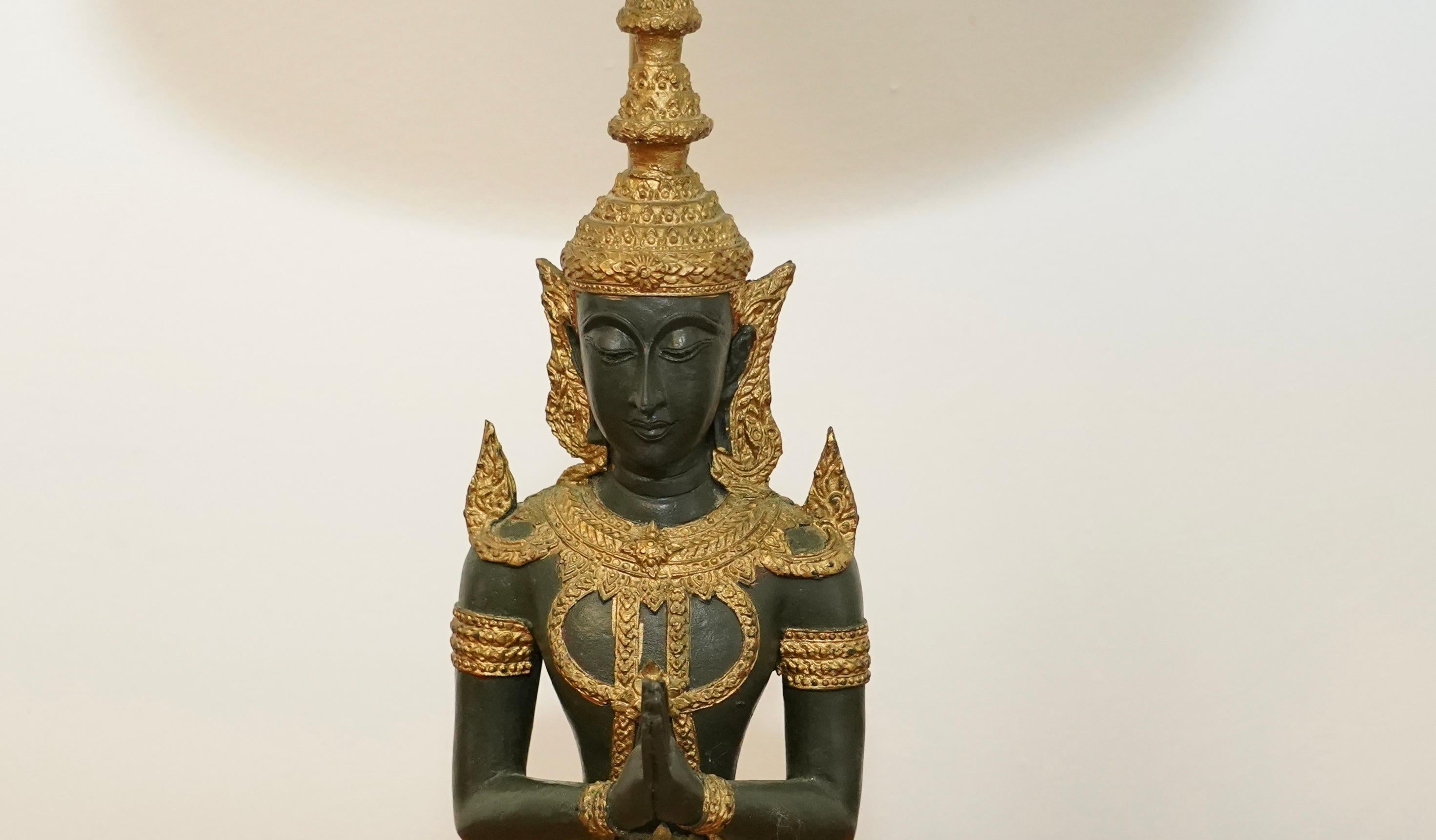 Pair of bronze Thai Teppanom kneeling Buddha table lamps. Hollywood Regency For Sale 8