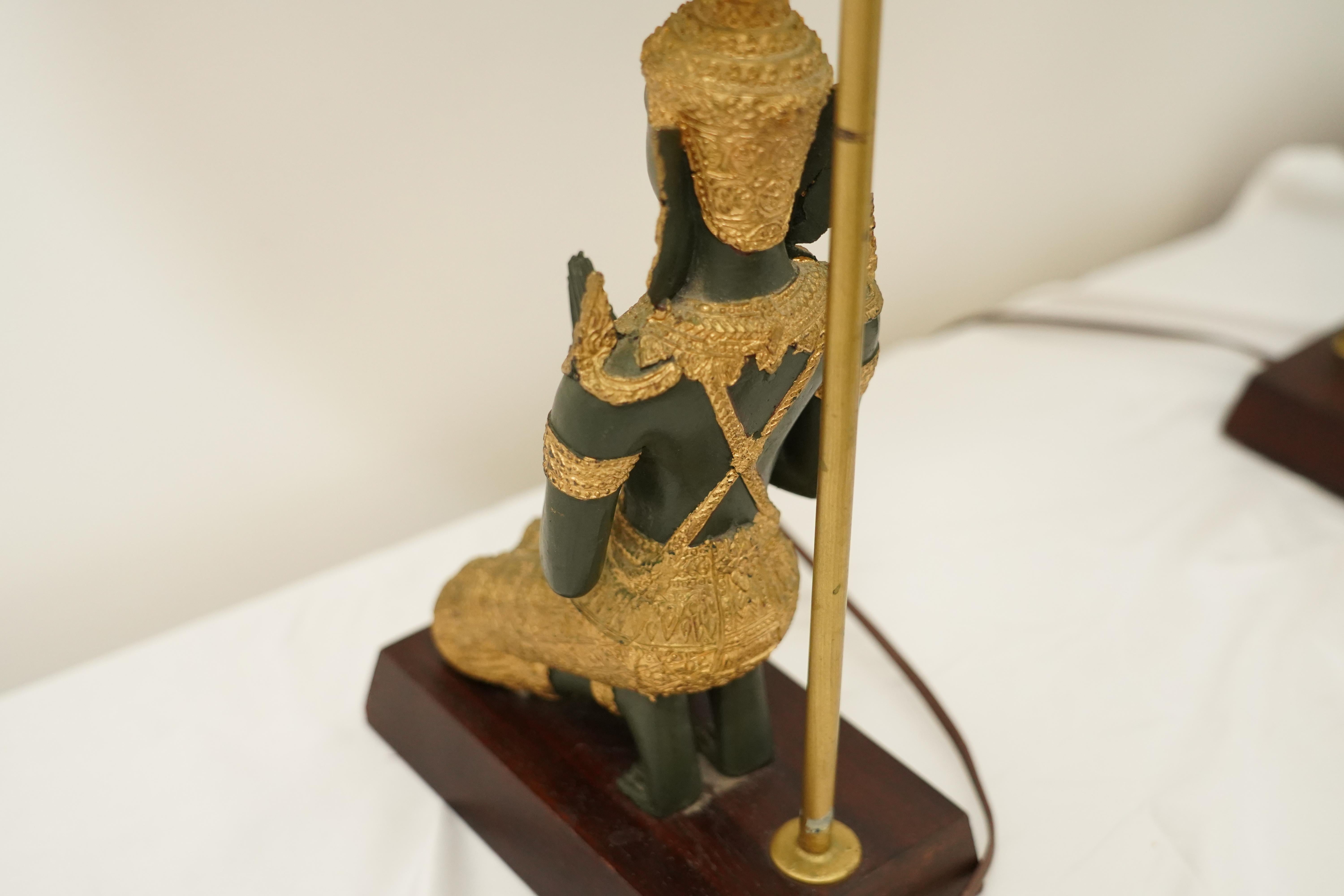 Pair of bronze Thai Teppanom kneeling Buddha table lamps. Hollywood Regency For Sale 2