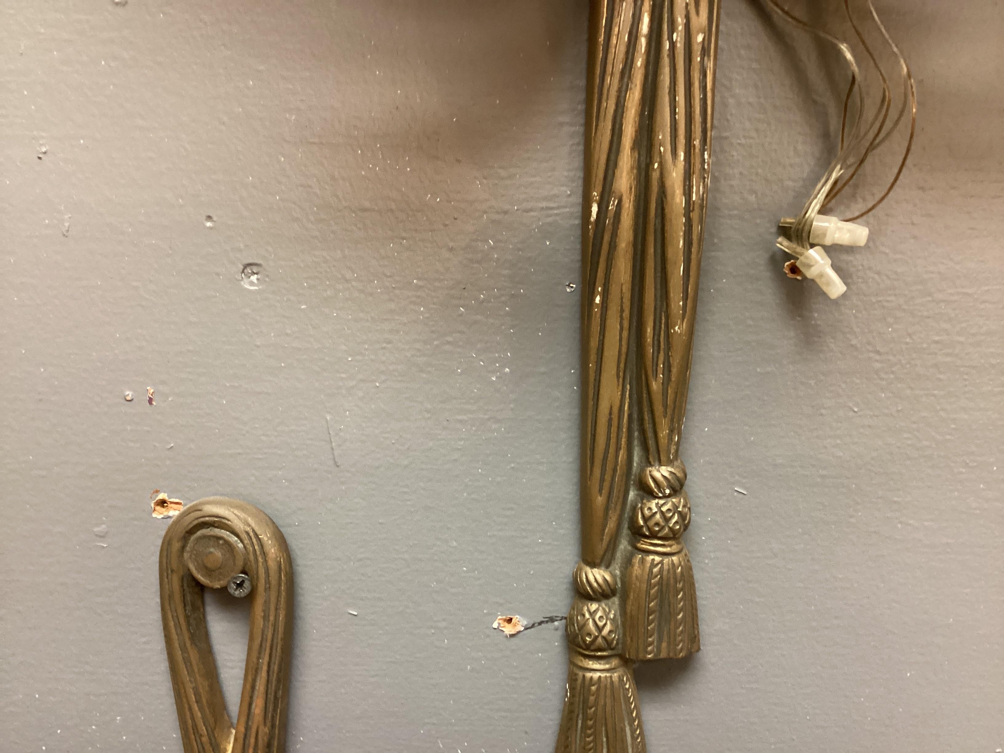 Pair of Bronze Three-Light Wall Sconce In Distressed Condition For Sale In Bridgeport, CT