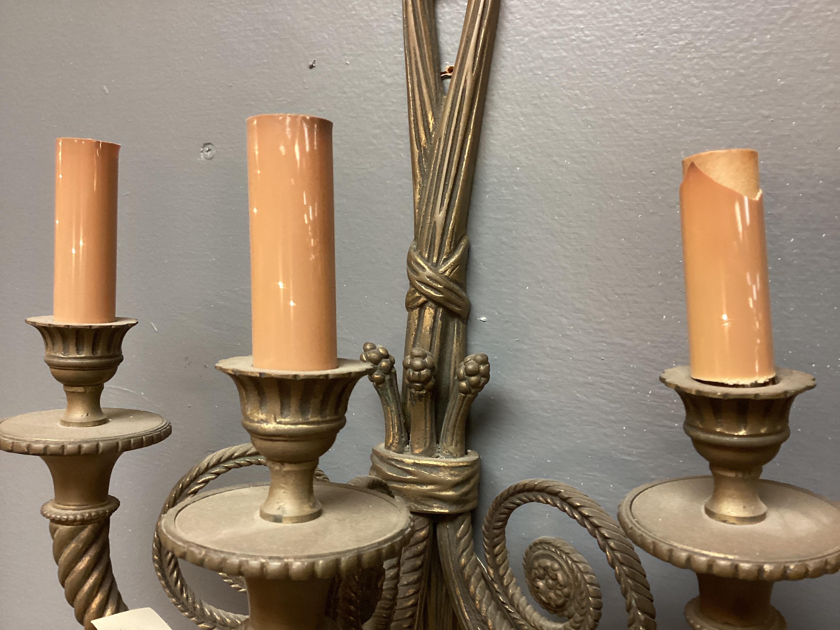 20th Century Pair of Bronze Three-Light Wall Sconce For Sale