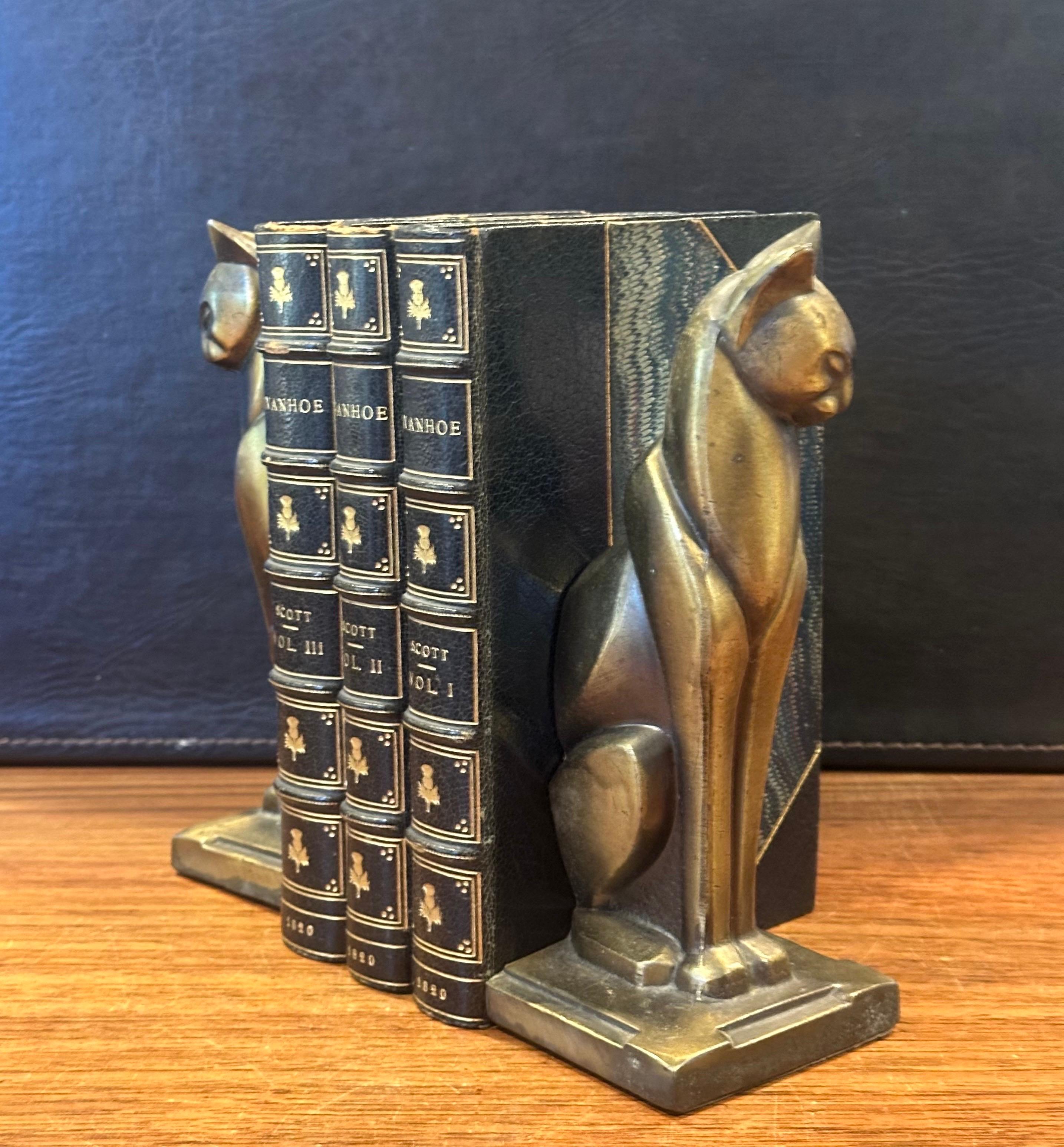 Metal Pair of Bronze Tone Siamese Cat Art Deco Bookends by Frankart