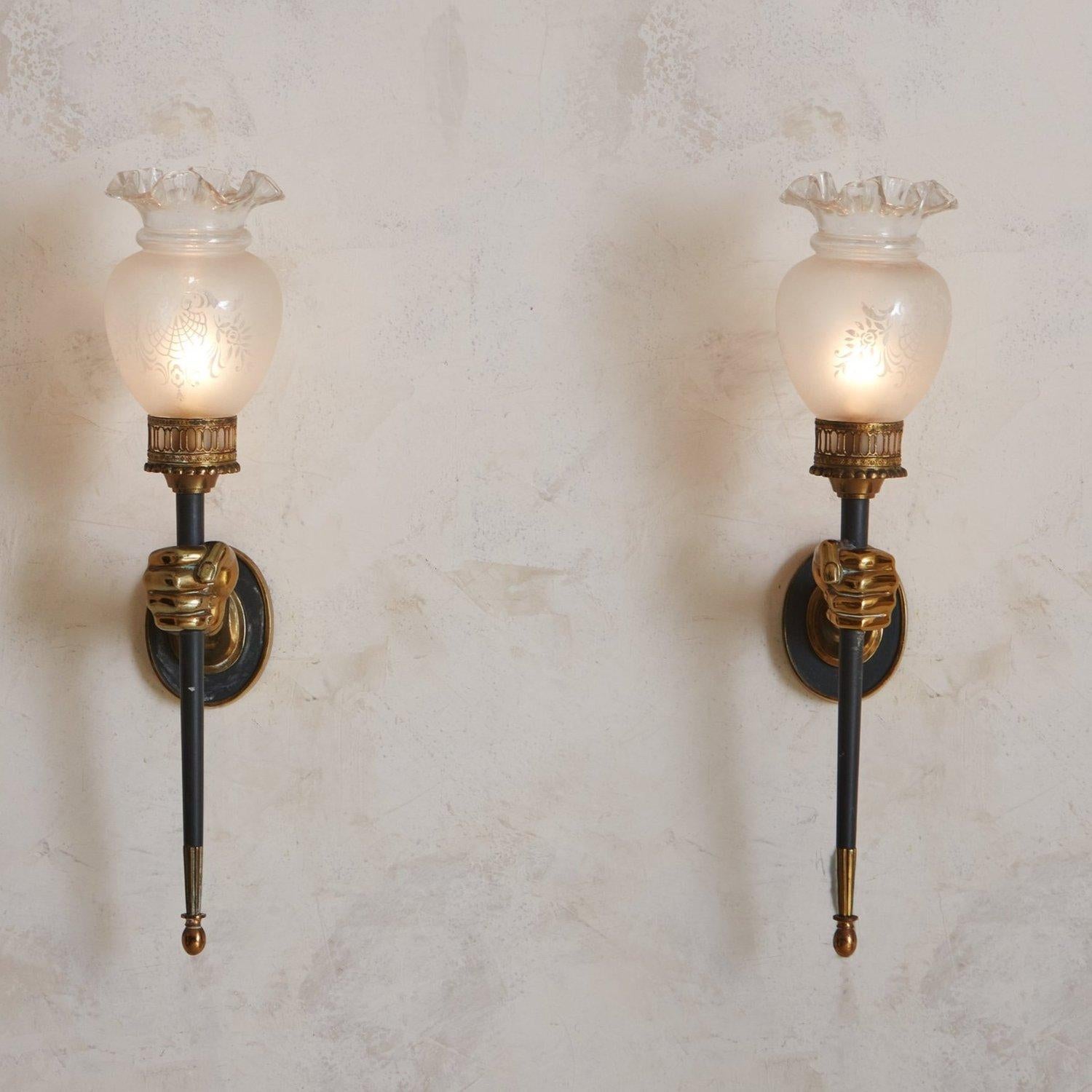 Mid-Century Modern Pair of Bronze Torchiere Sconces With Hand Motif by Maison Jansen, France 1960s