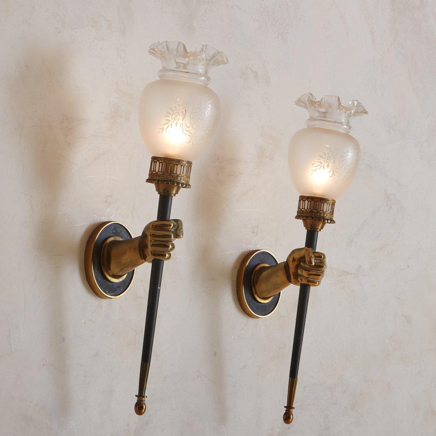 French Pair of Bronze Torchiere Sconces With Hand Motif by Maison Jansen, France 1960s