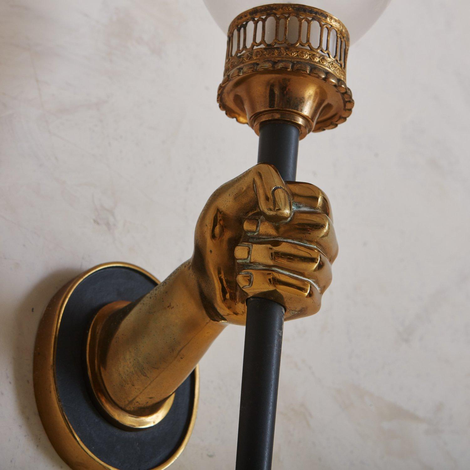 Mid-20th Century Pair of Bronze Torchiere Sconces With Hand Motif by Maison Jansen, France 1960s