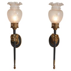 Pair of Bronze Torchiere Sconces With Hand Motif by Maison Jansen, France 1960s