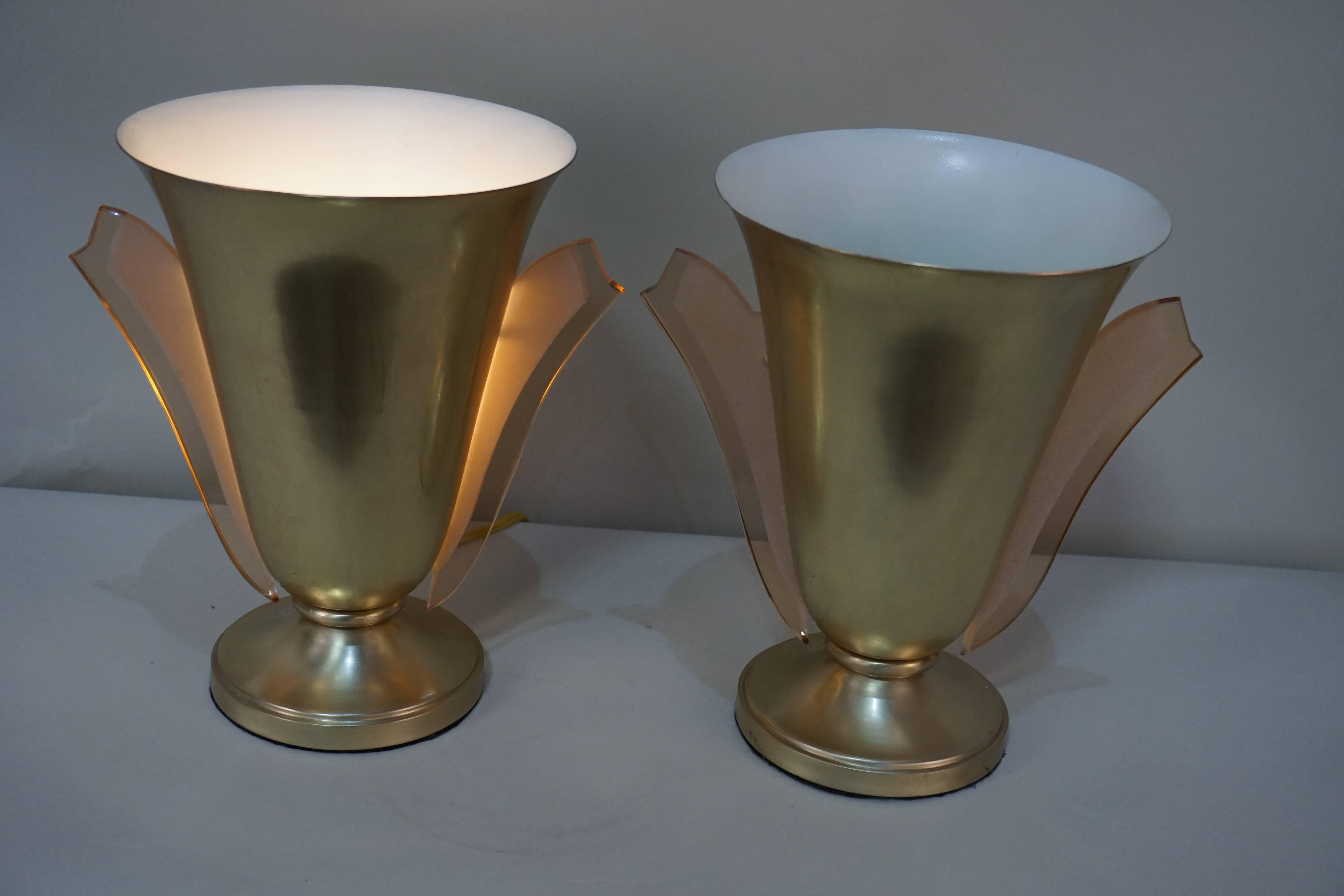Pair of French Art Deco bronze table lamps with beige or pink glass panels by Atelier Petitot.