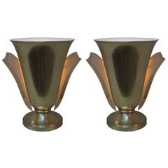 Antique Pair of Bronze Torchiere Table Lamps by Petitot